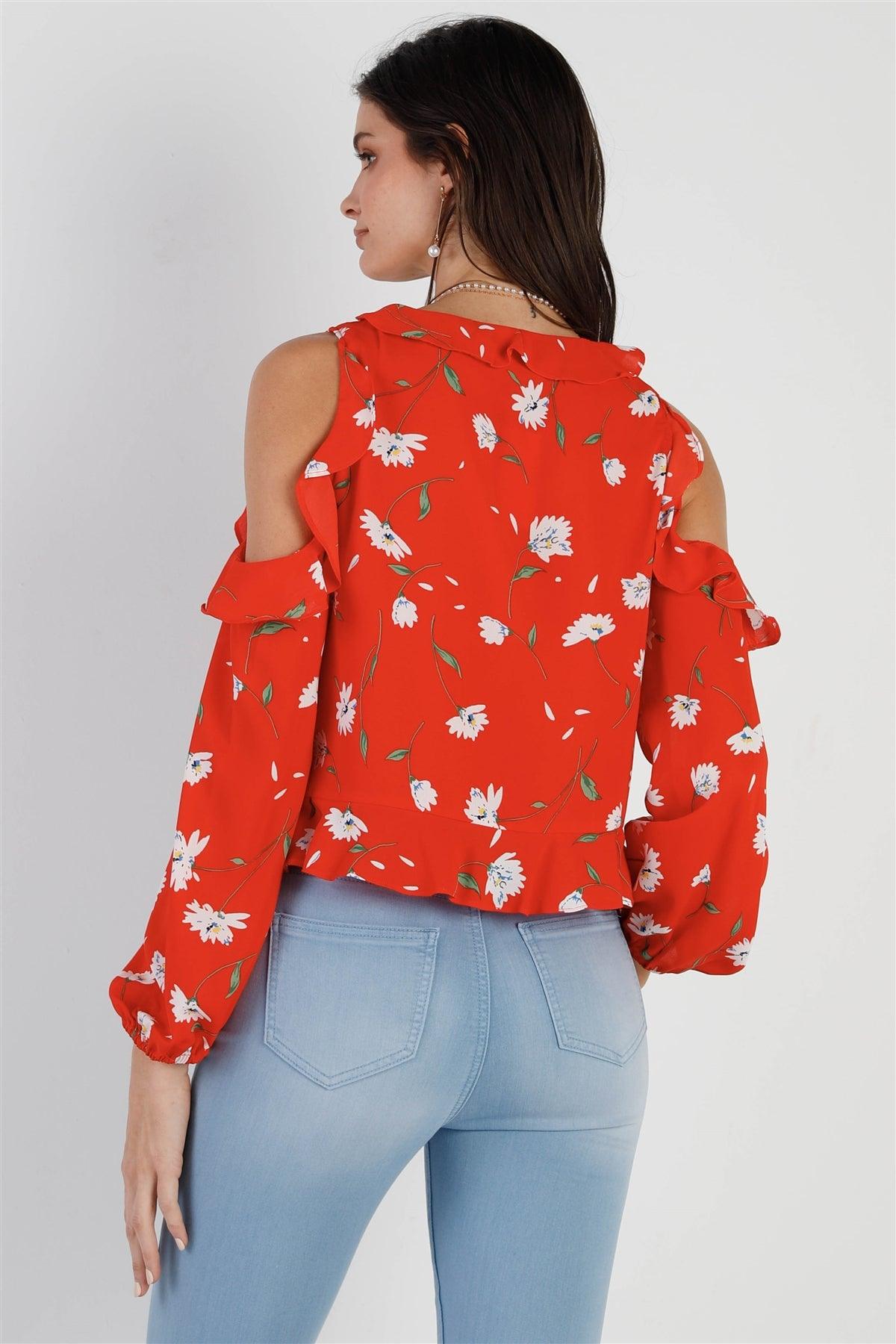 Tomato Red Flower Print Off-The-Shoulder Ruffle Trim Ruched Front Detail Crop Top /1-2-2