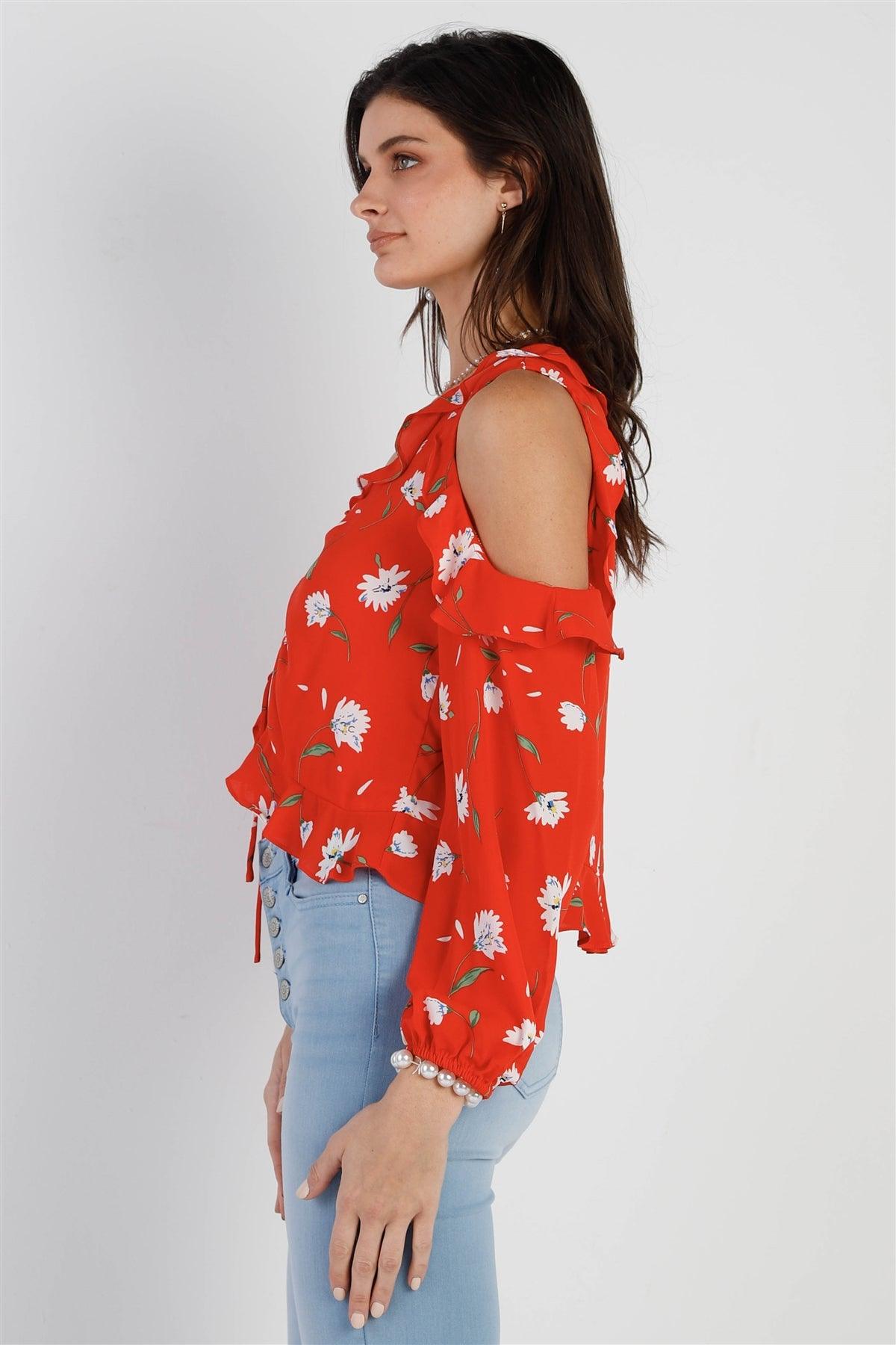 Tomato Red Flower Print Off-The-Shoulder Ruffle Trim Ruched Front Detail Crop Top /1-2-2