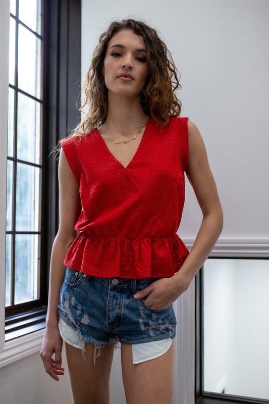 Red Cotton Embroidered Ruffle Hem Cap Sleeve Top /1-2-2