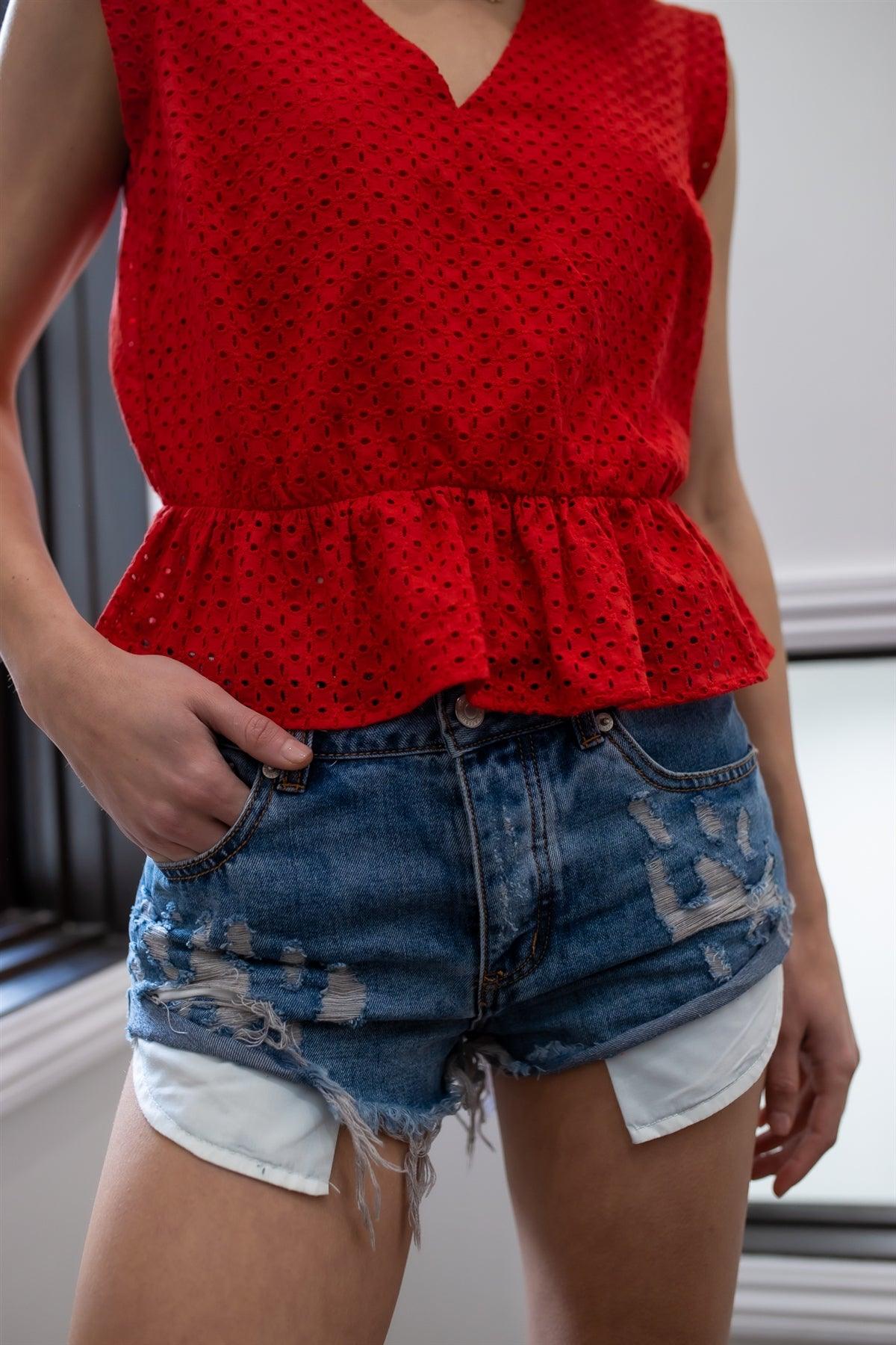 Red Cotton Embroidered Ruffle Hem Cap Sleeve Top /1-2-2