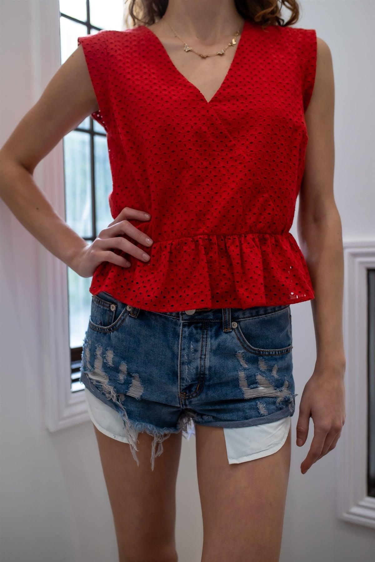 Red Cotton Embroidered Ruffle Hem Cap Sleeve Top /1-2-2