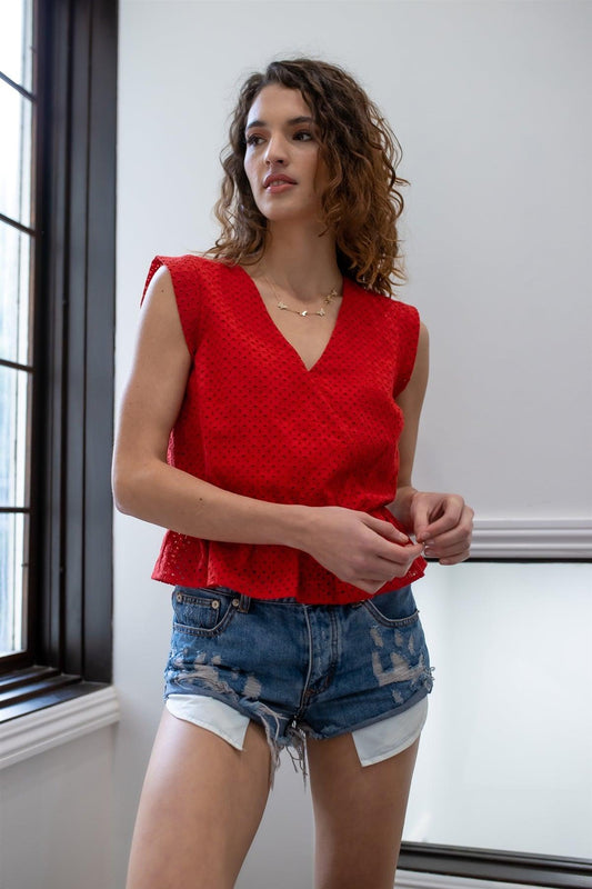 Red Cotton Embroidered Ruffle Hem Cap Sleeve Top /1-2-2-1