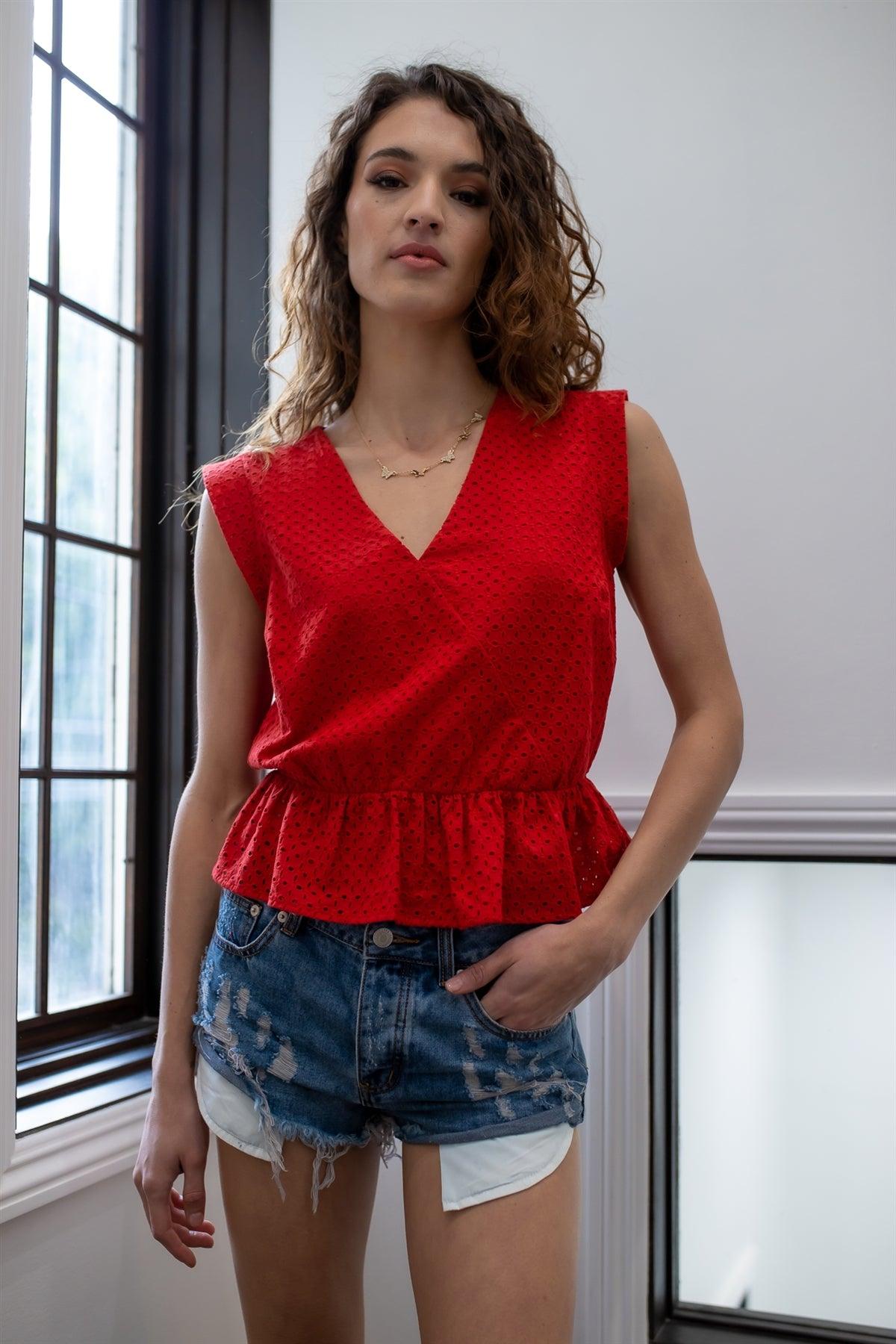 Red Cotton Embroidered Ruffle Hem Cap Sleeve Top /1-1-2-2