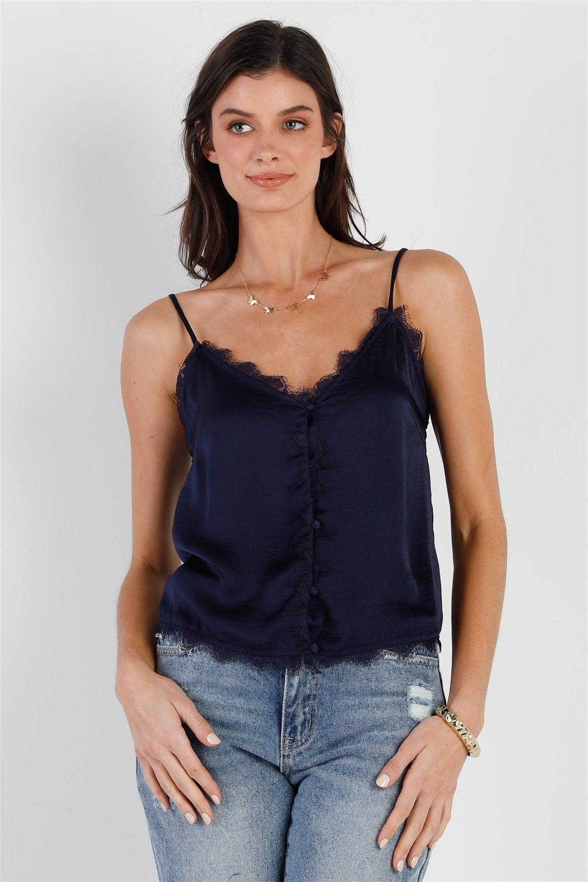 Navy Satin Effect Button Up Lace Trim Cami Top /1-2-2-1