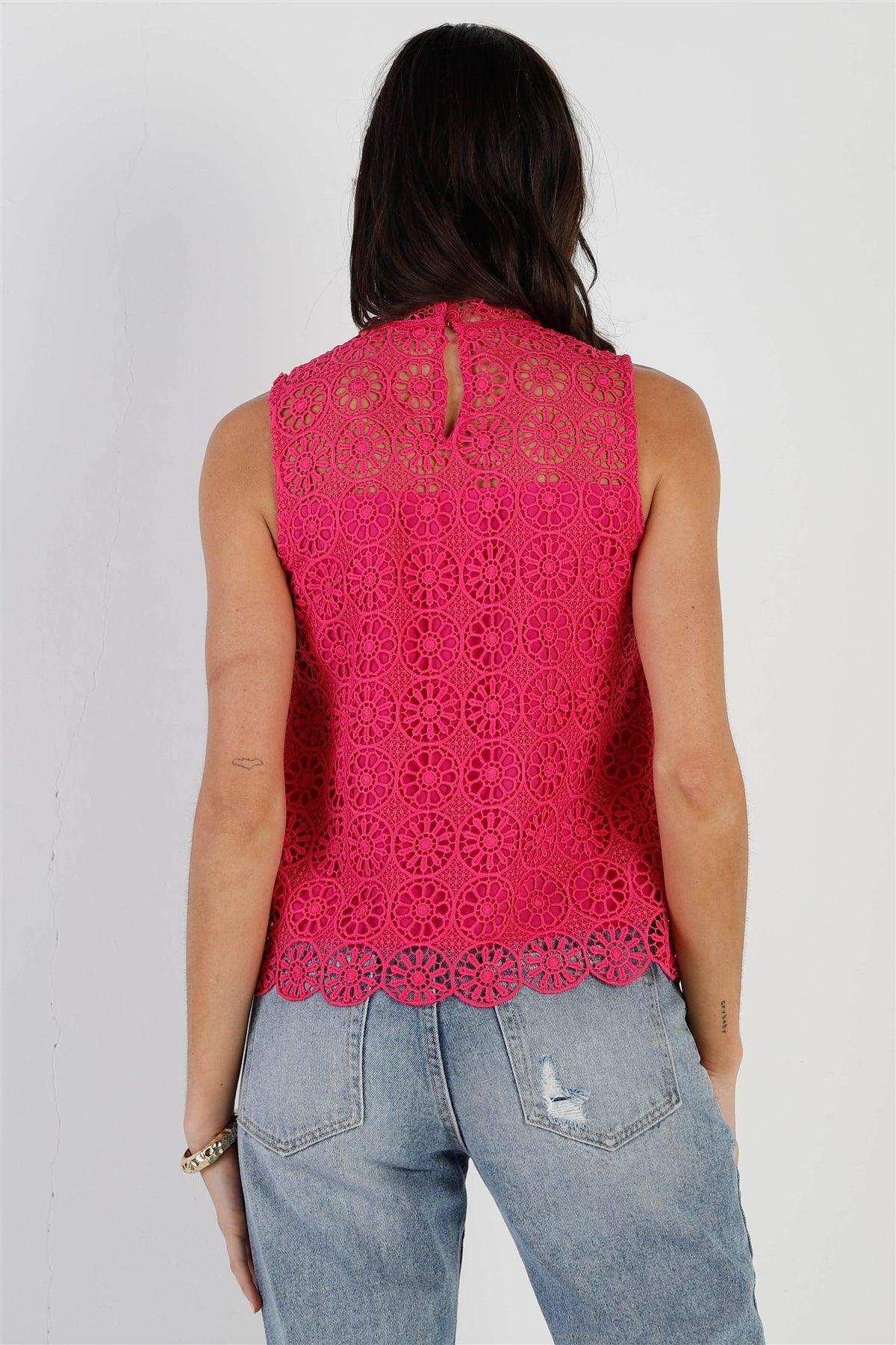 Fuchsia Embroidered Lace Mock Neck Sleeveless Top /1-2-2-1