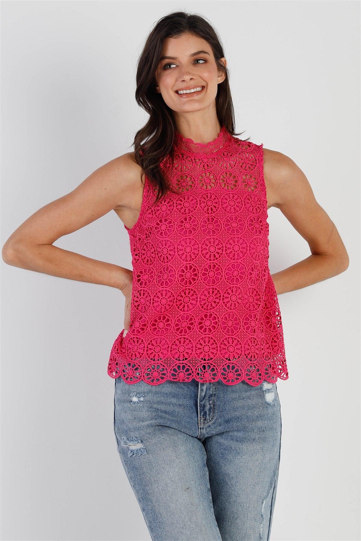 Fuchsia Embroidered Lace Mock Neck Sleeveless Top /1-2-2-1