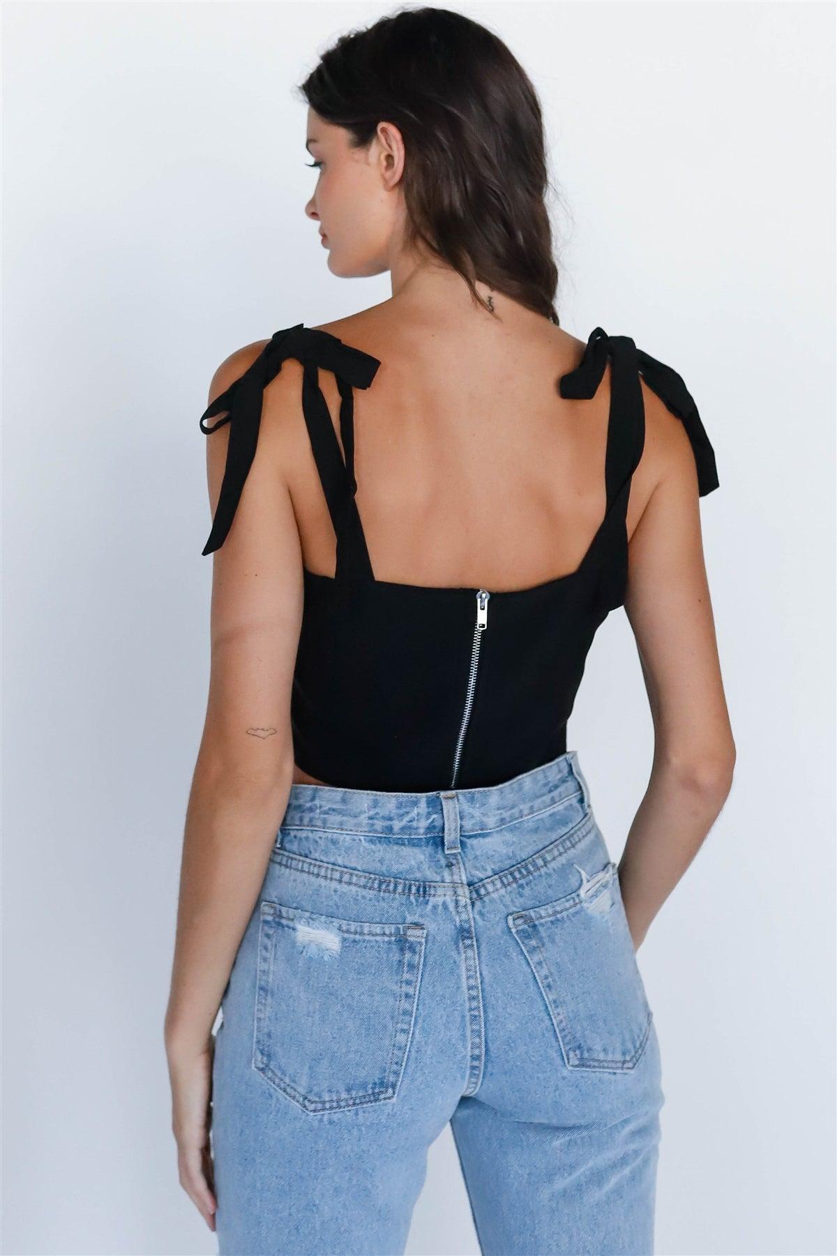 Black Self-Tie Strap Square Neck Crop Top