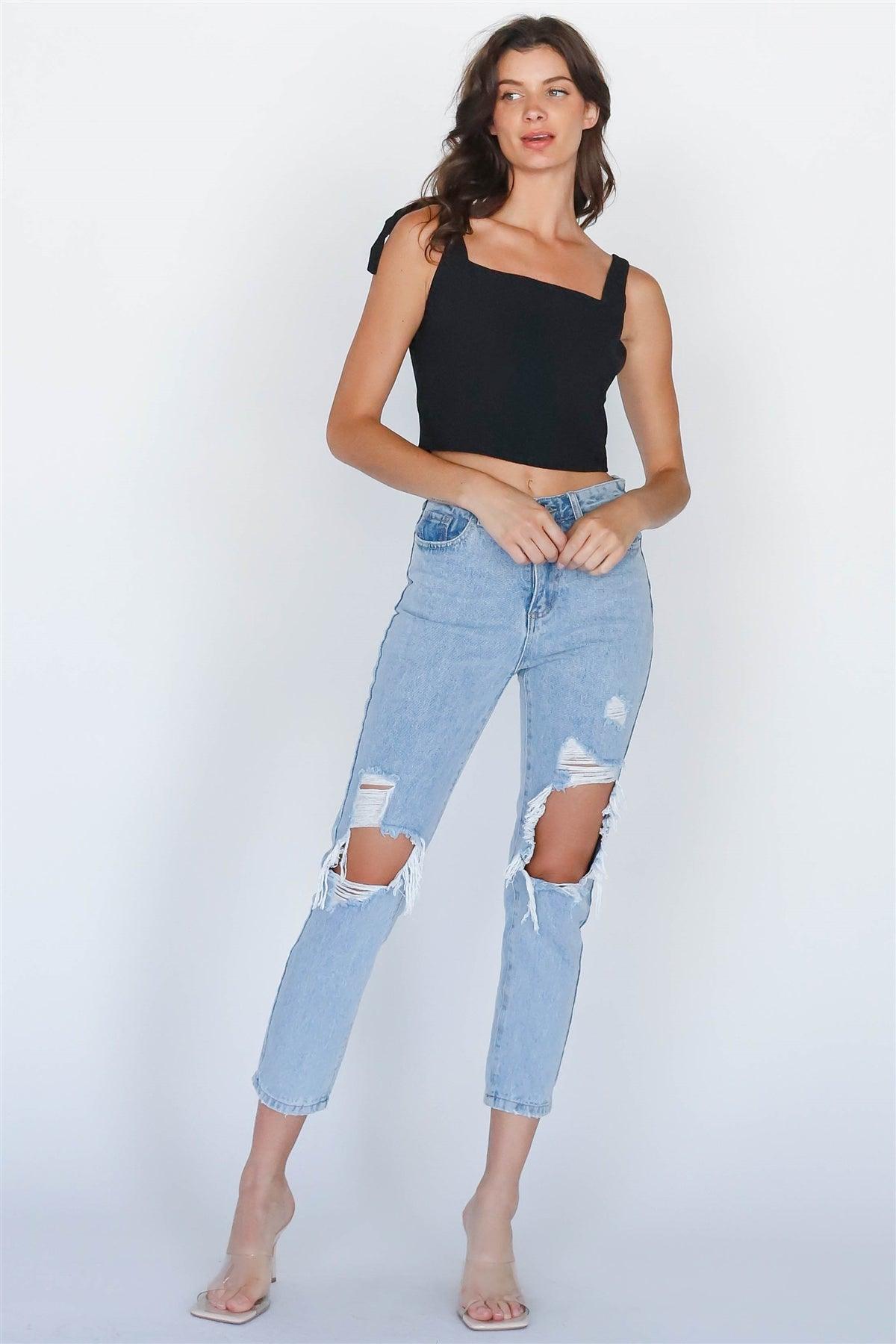 Black Self-Tie Strap Square Neck Crop Top