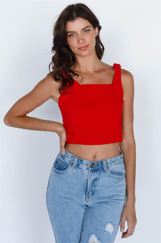 Red Self-Tie Strap Square Neck Crop Top