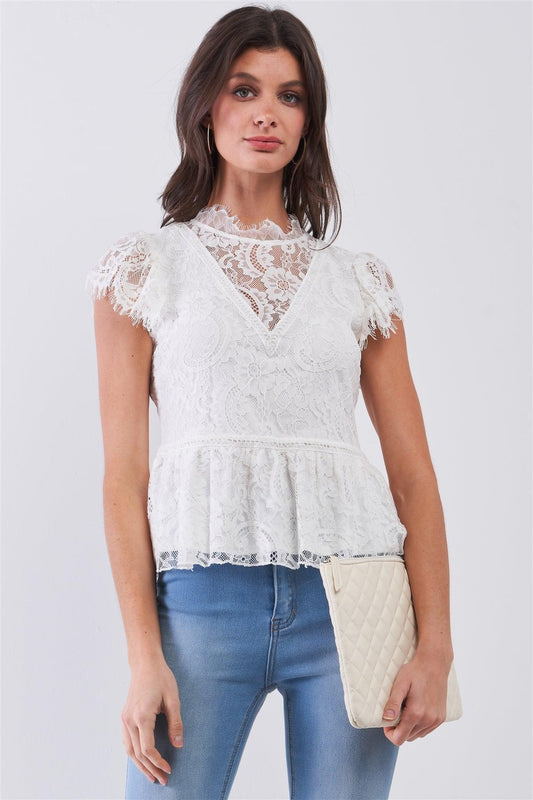 Pure White Mock Neck Lace Flare Bottom Mini Sleeve Blouse Top /1-2-2-1