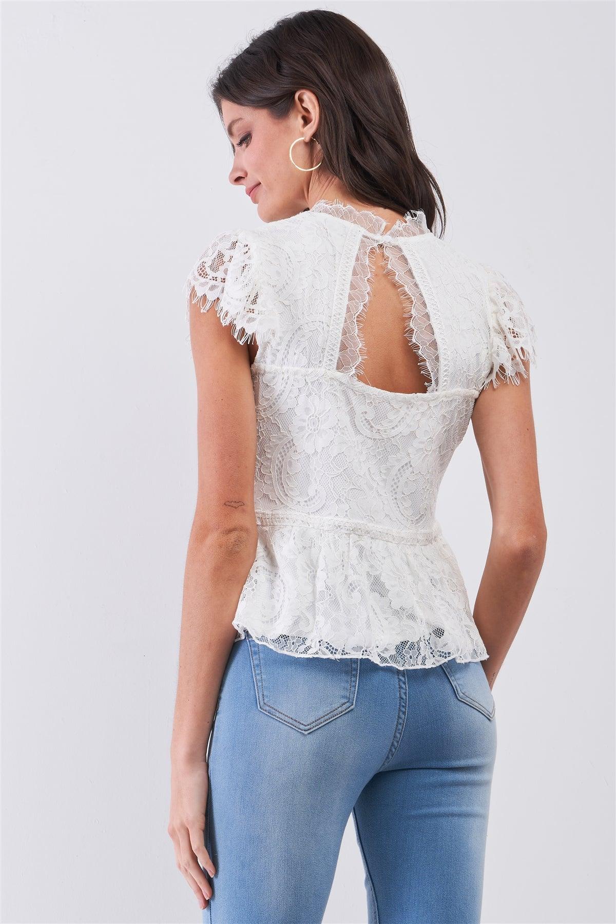 Pure White Mock Neck Lace Flare Bottom Mini Sleeve Blouse Top /1-2-2-1