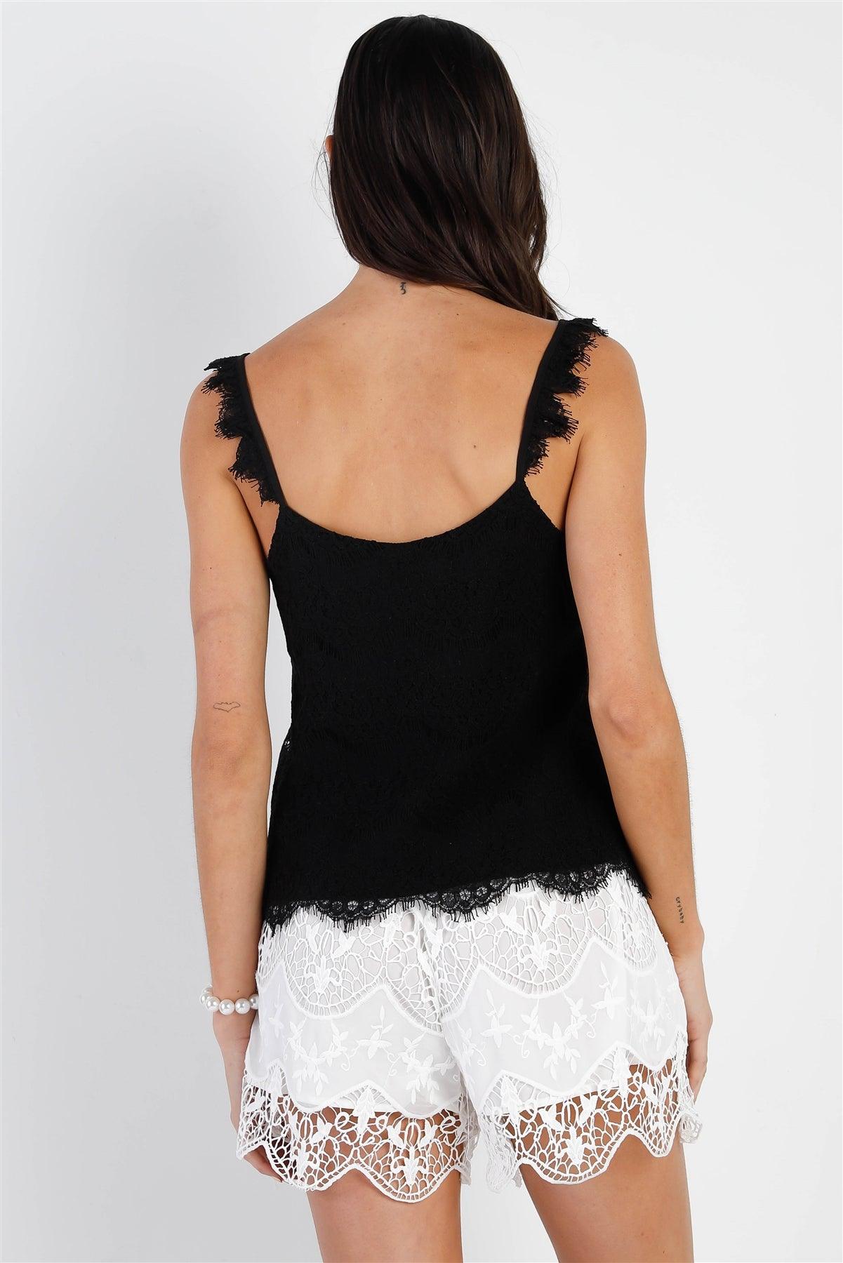 Black Lace Ruffle Detail Strap Cami Top /1-2-2-1