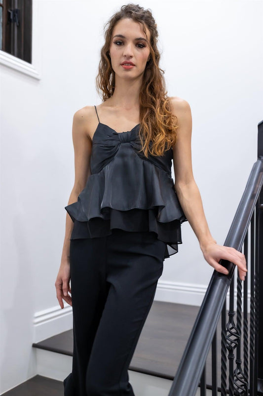 Black Silk Effect Bow Detail Flare Layered Sleeveless Top /2-2-3