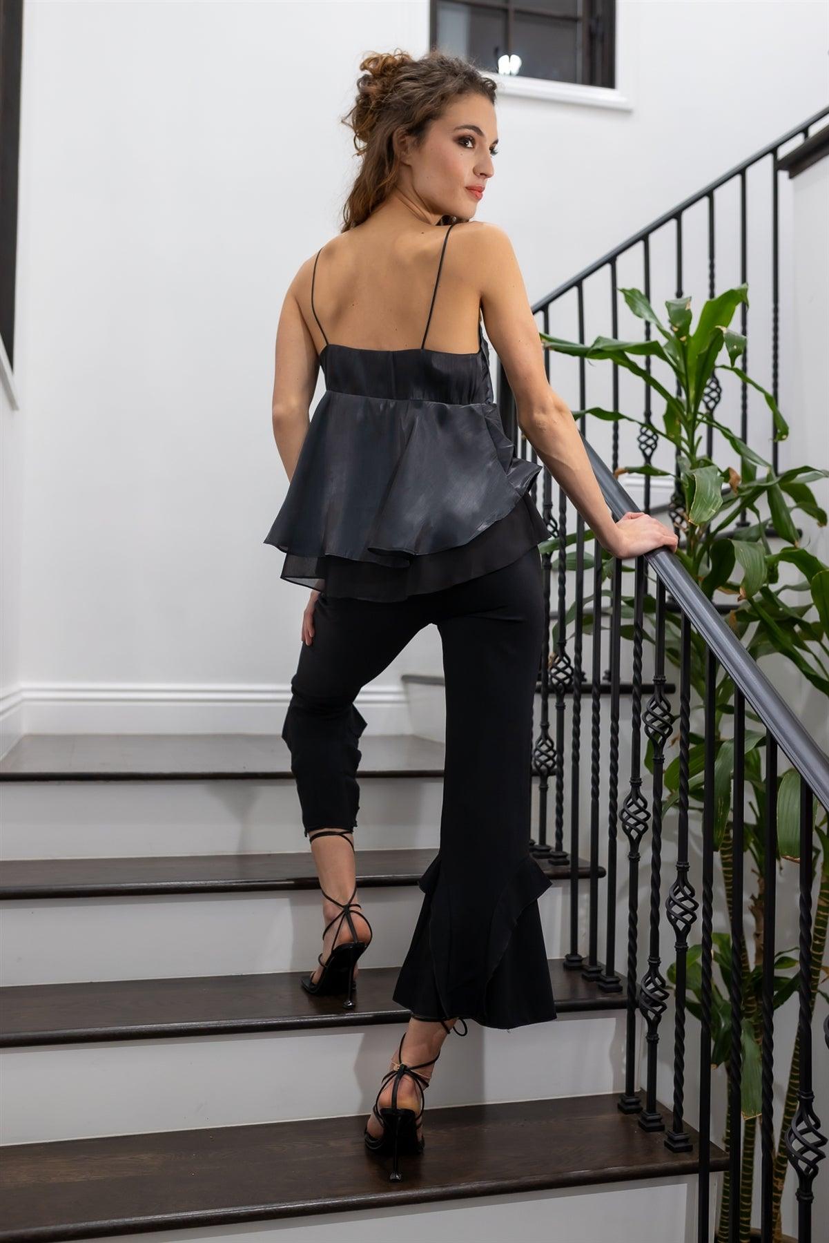 Black Silk Effect Bow Detail Flare Layered Sleeveless Top /1-2-2-1