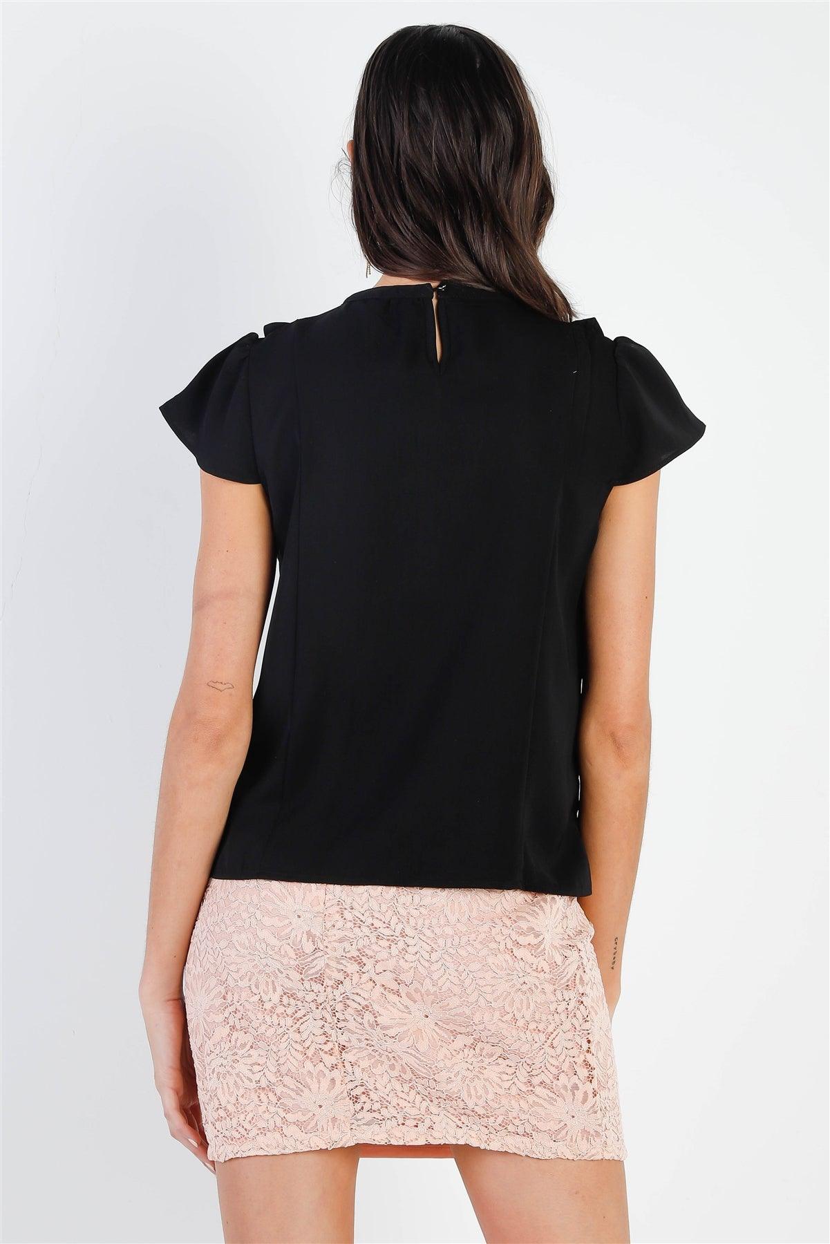 Black Embroidery & Ruffle Detail Flare Sleeve Top /1-3-2