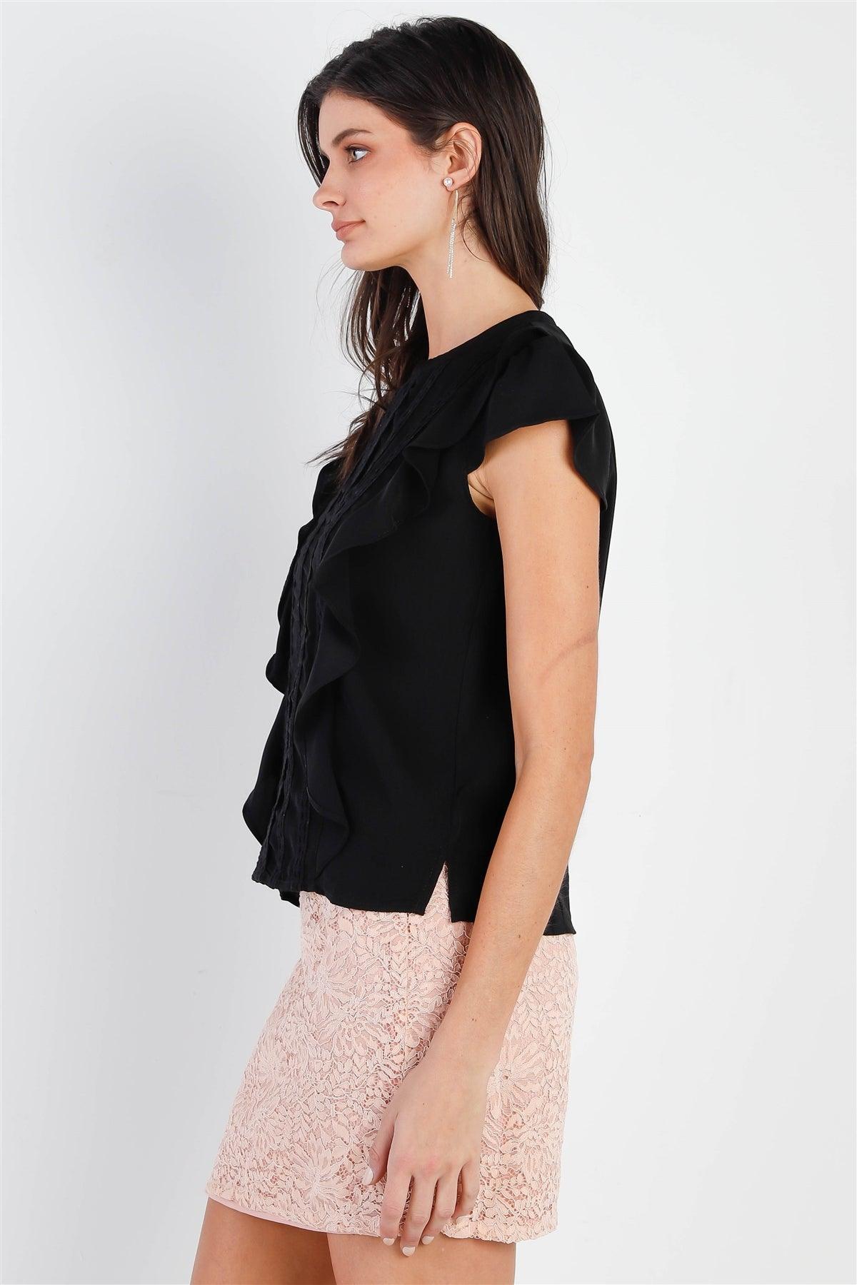 Black Embroidery & Ruffle Detail Flare Sleeve Top /1-3-2