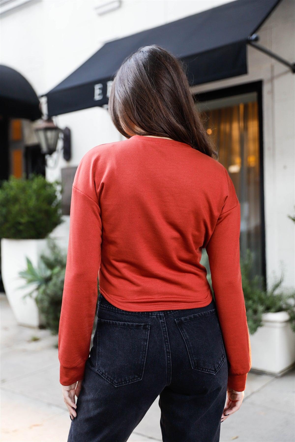 Terracotta Front Belt Detail Cropped Long Sleeve Top /2-2-2