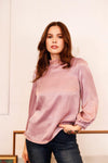 Mauve Satin Effect Lace Mock Neck Detail Balloon Sleeve Top /1-2-2-1