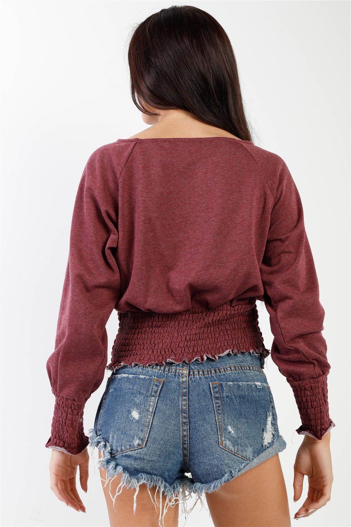 Wine Smocked Waistline Detail Long Sleeve Top /3-1-1