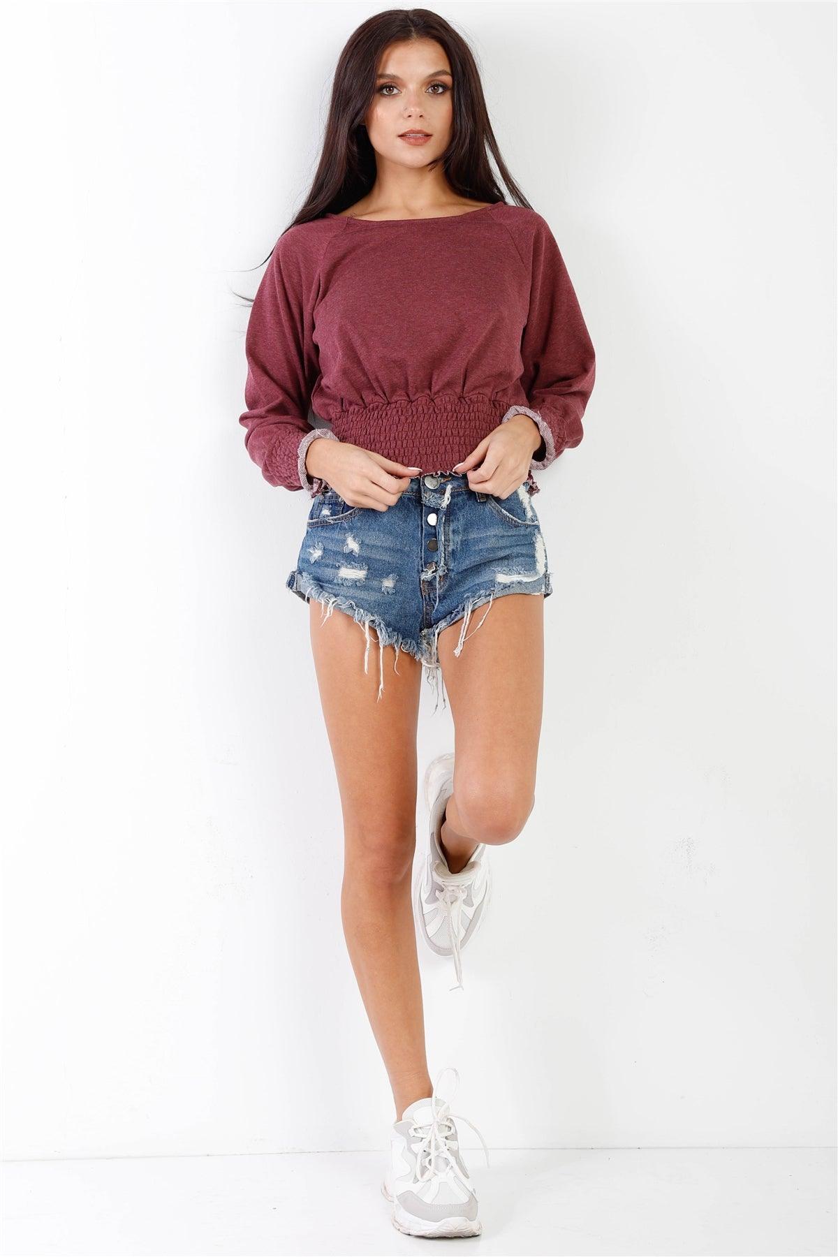 Wine Smocked Waistline Detail Long Sleeve Top /3-1-1