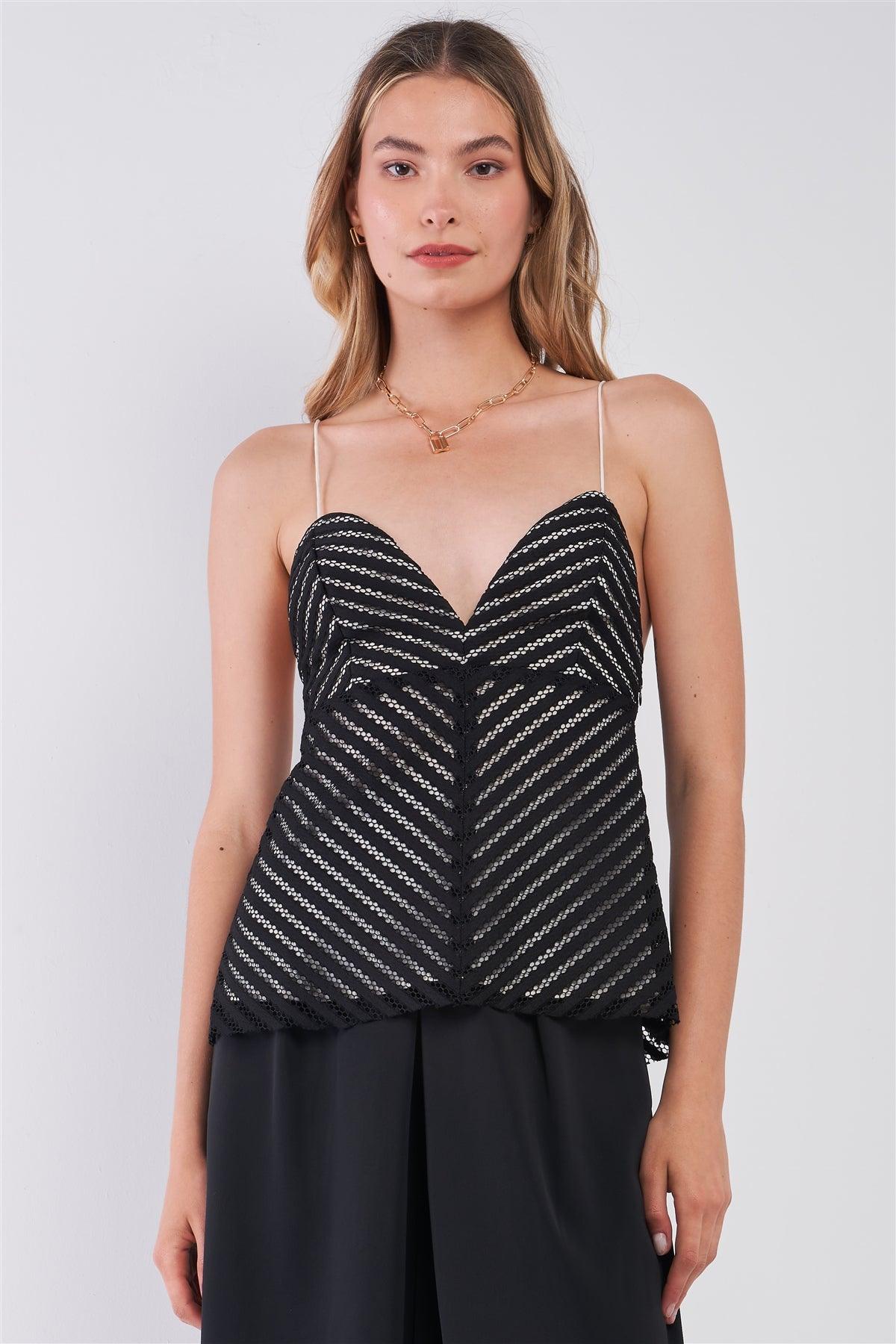 Black & White Sleeveless Striped Crocheted Sweetheart Neckline Self-Tie Spaghetti Straps Fit & Flare Top /2-3-1