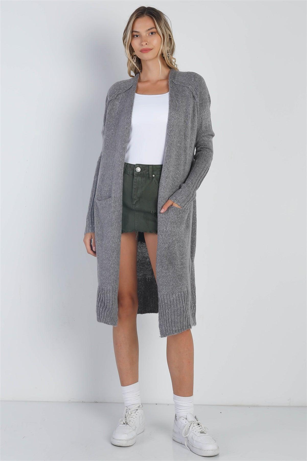 Grey Knit Open Front Two Pocket Relax Fit Cardigan /-2-2