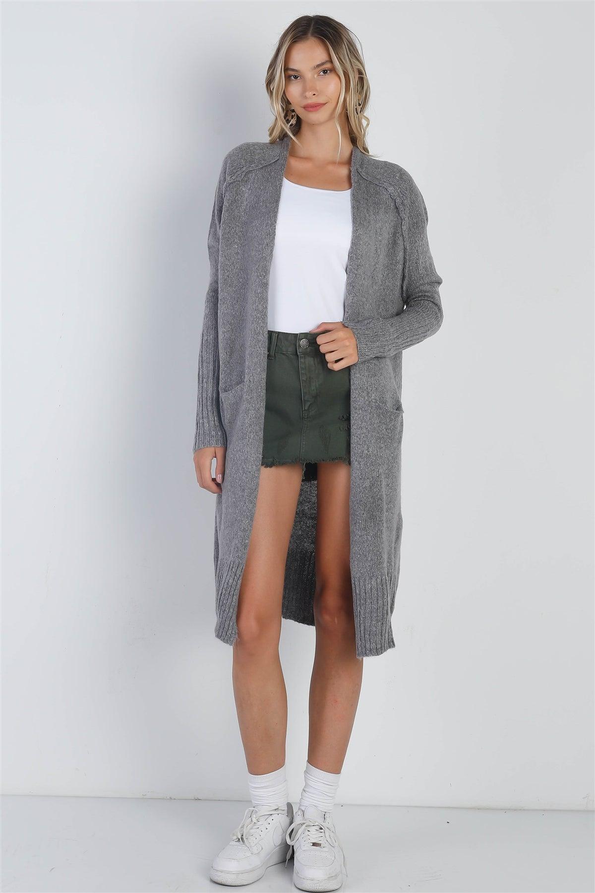 Grey Knit Open Front Two Pocket Relax Fit Cardigan /-2-2