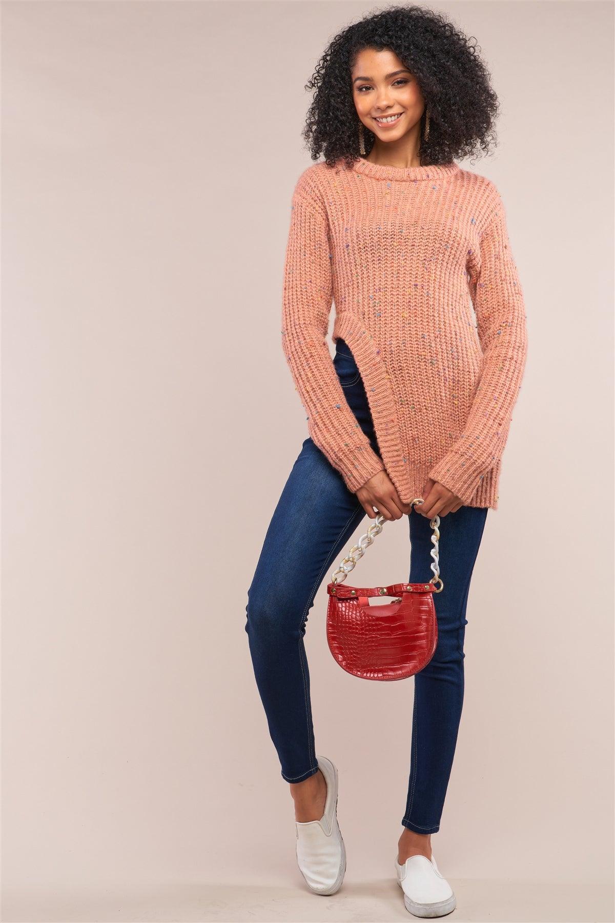 Salmon Long Sleeve Asymmetrical Hem Sweater /4-2