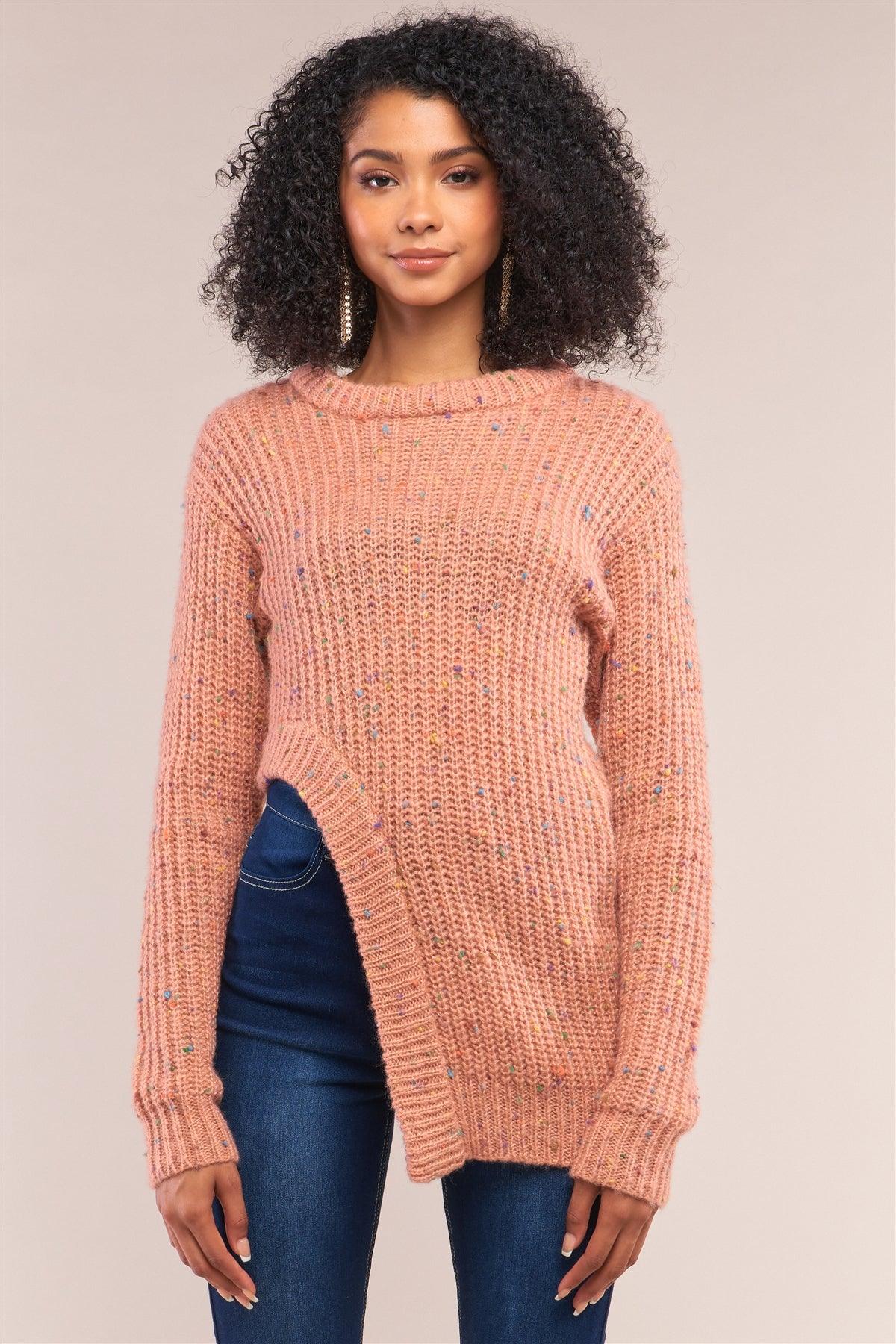 Salmon Long Sleeve Asymmetrical Hem Sweater /4-2