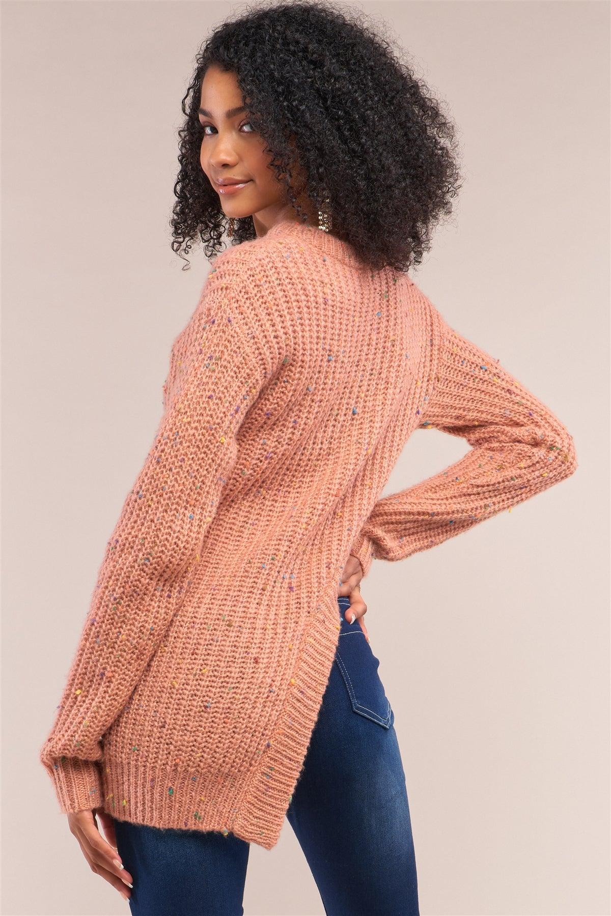 Salmon Long Sleeve Asymmetrical Hem Sweater /4-2