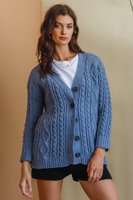 Grey Blue Cable Knit Button Up Sweater /1-1-1