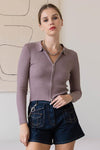 Dusk Mauve Ribbed Zip-Up Collared Long Sleeve Sweaters /2-2-2