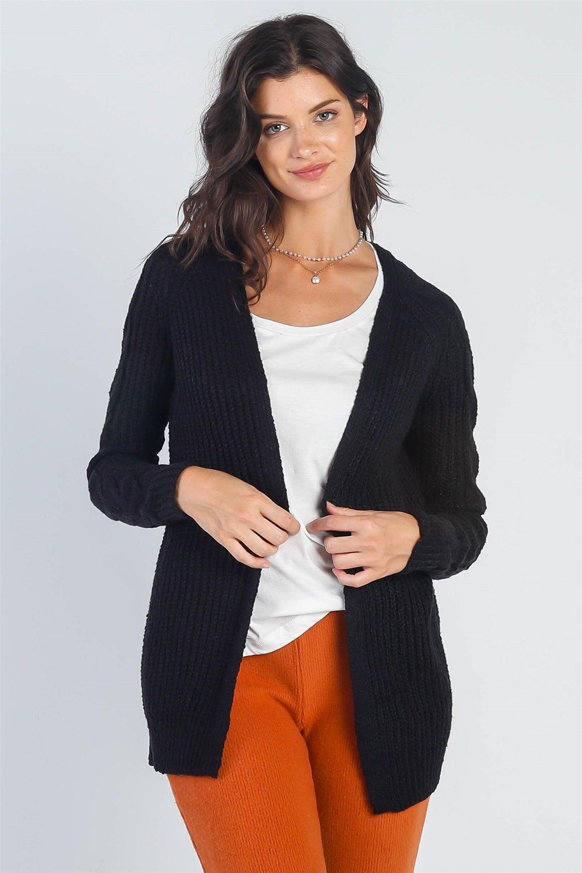 Black Open Front Cable-Knit Long Sleeve Cardigan /2-2-2