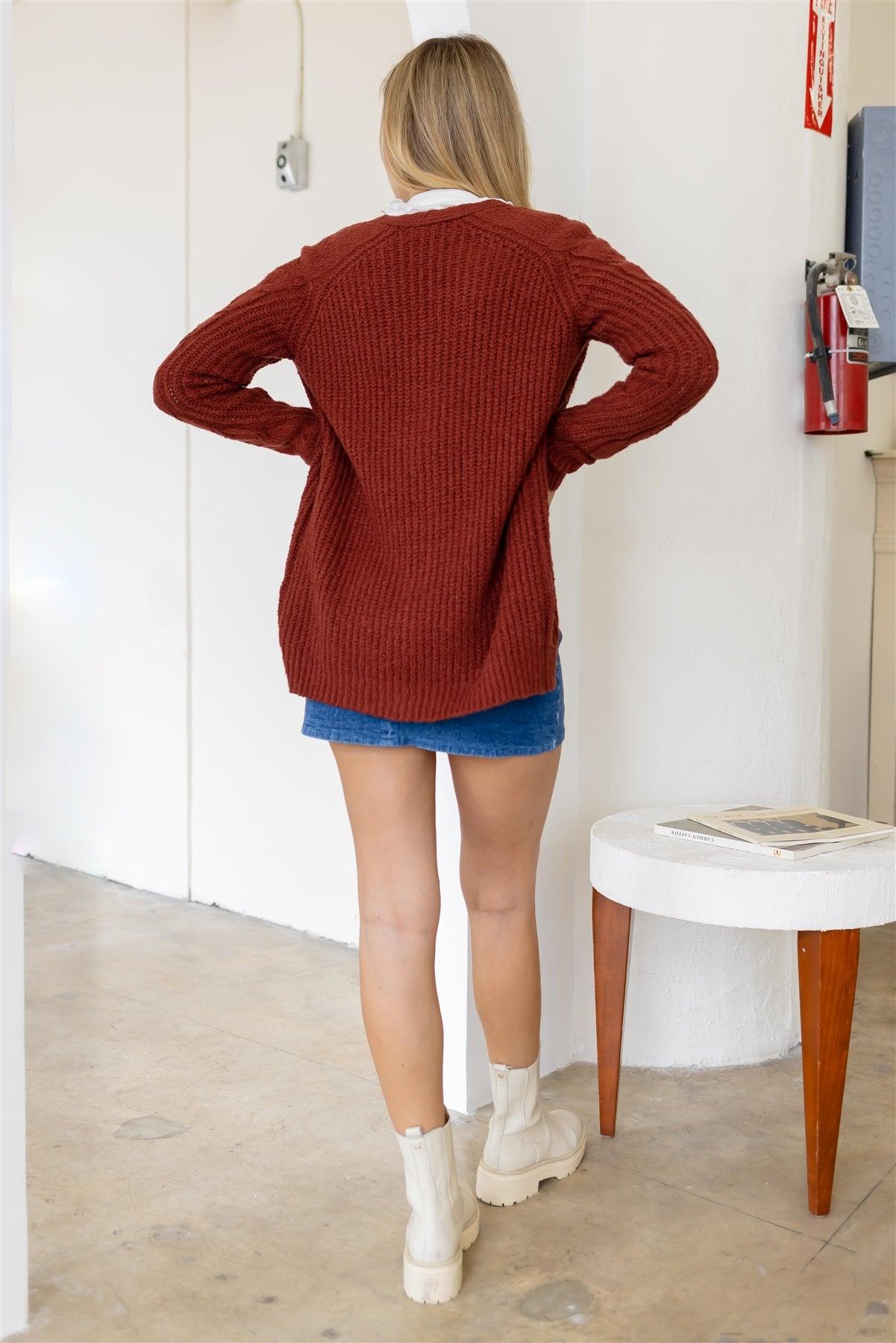 Brick Open Front Cable-Knit Long Sleeve Cardigan /2-2-2