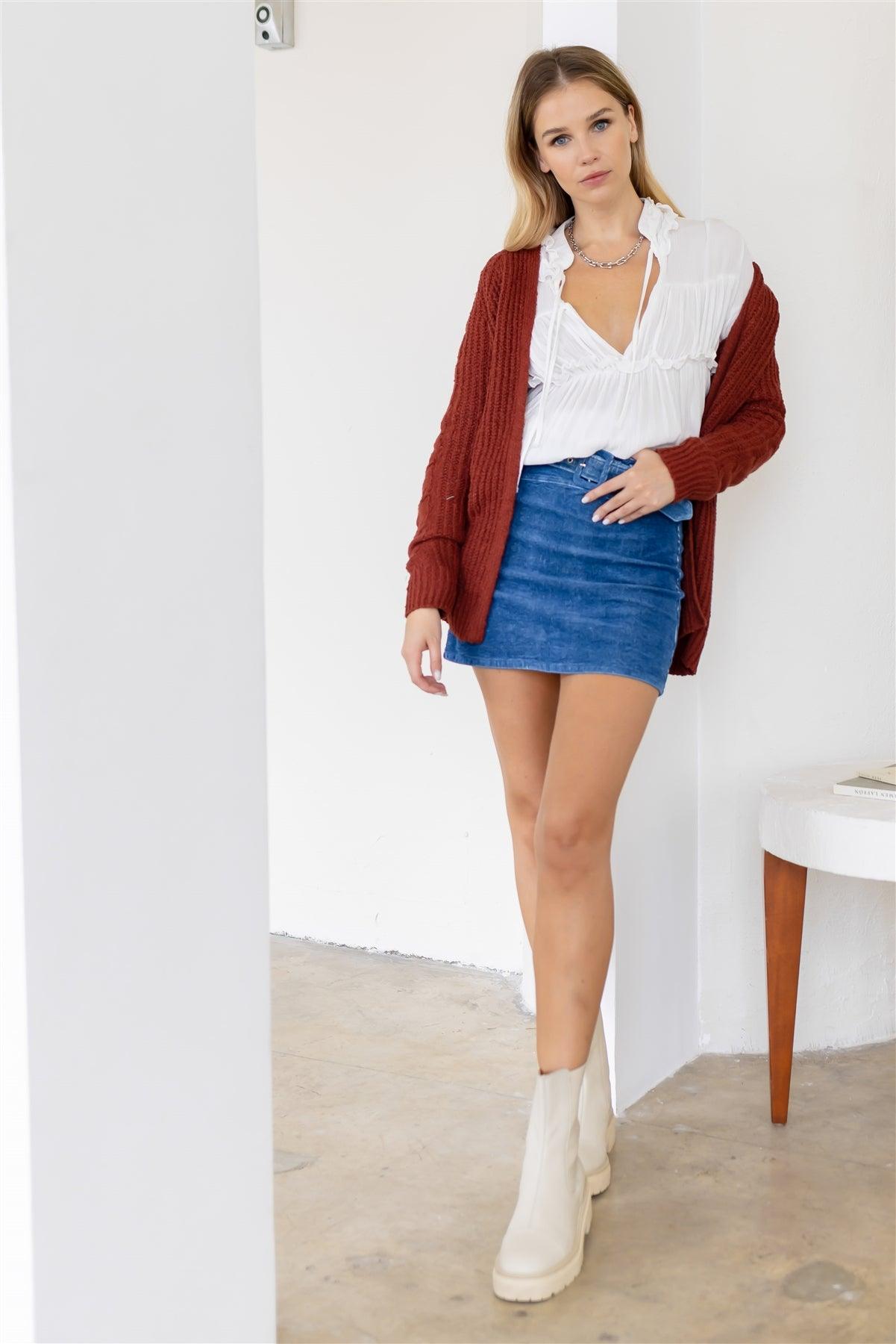 Brick Open Front Cable-Knit Long Sleeve Cardigan /2-2-2