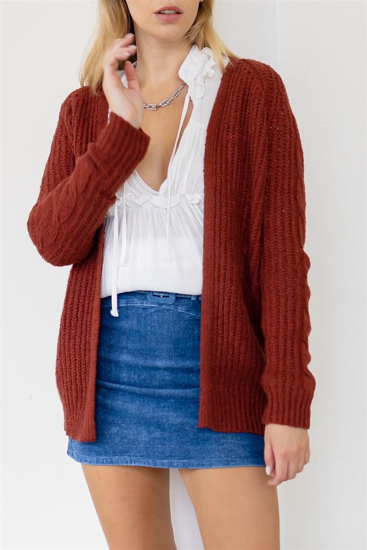 Brick Open Front Cable-Knit Long Sleeve Cardigan /2-2-2