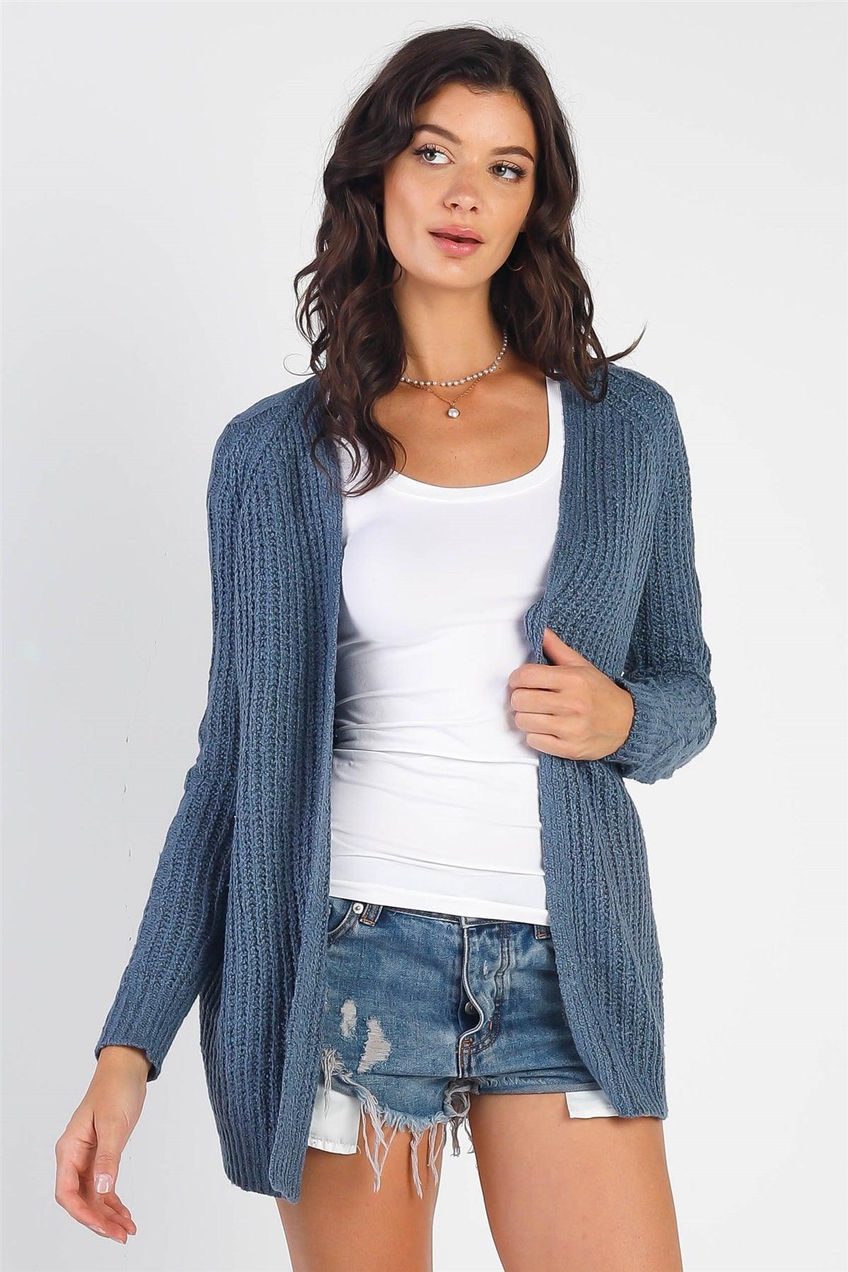 Wholesale Dark Blue Open Front Cable-Knit Long Sleeve Cardigan /1-2-2