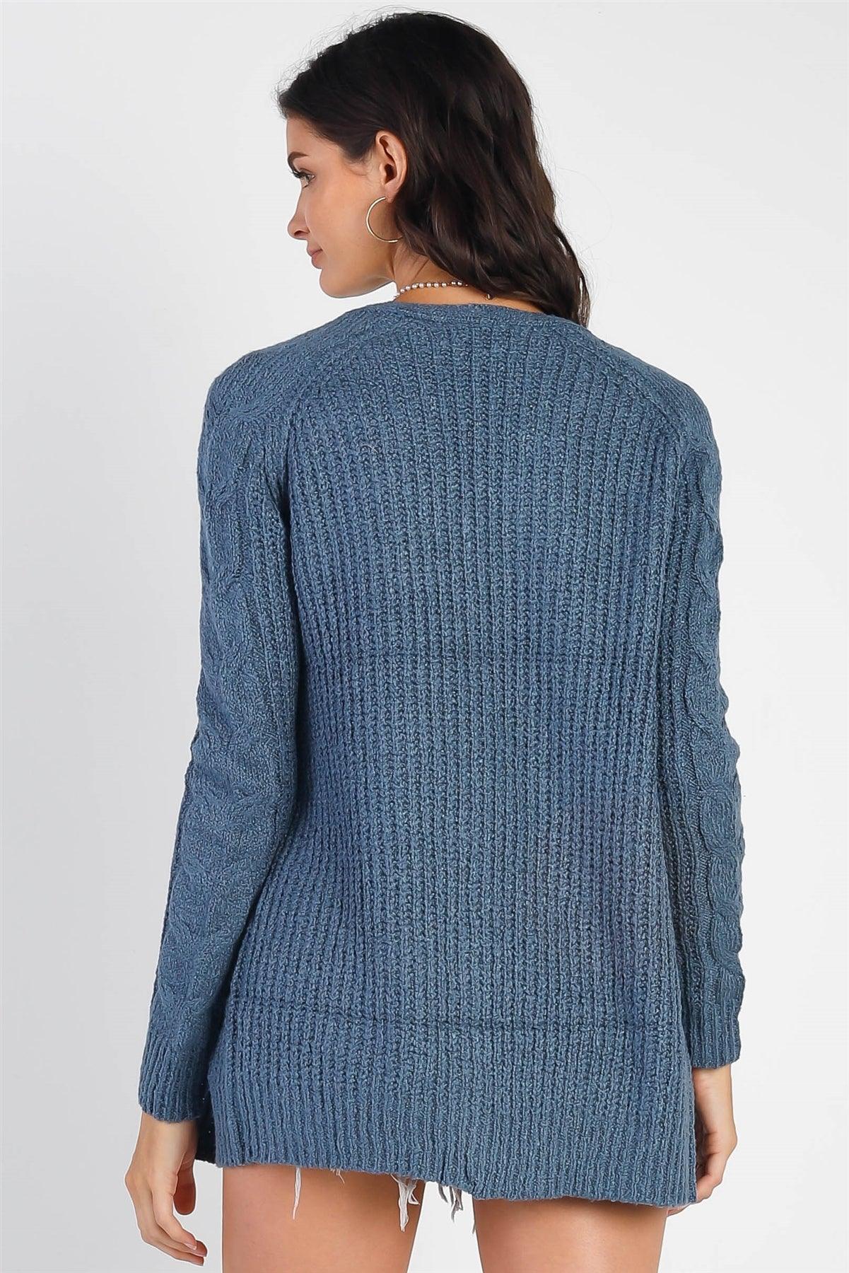 Dark Blue Open Front Cable-Knit Long Sleeve Cardigan /1-2-2