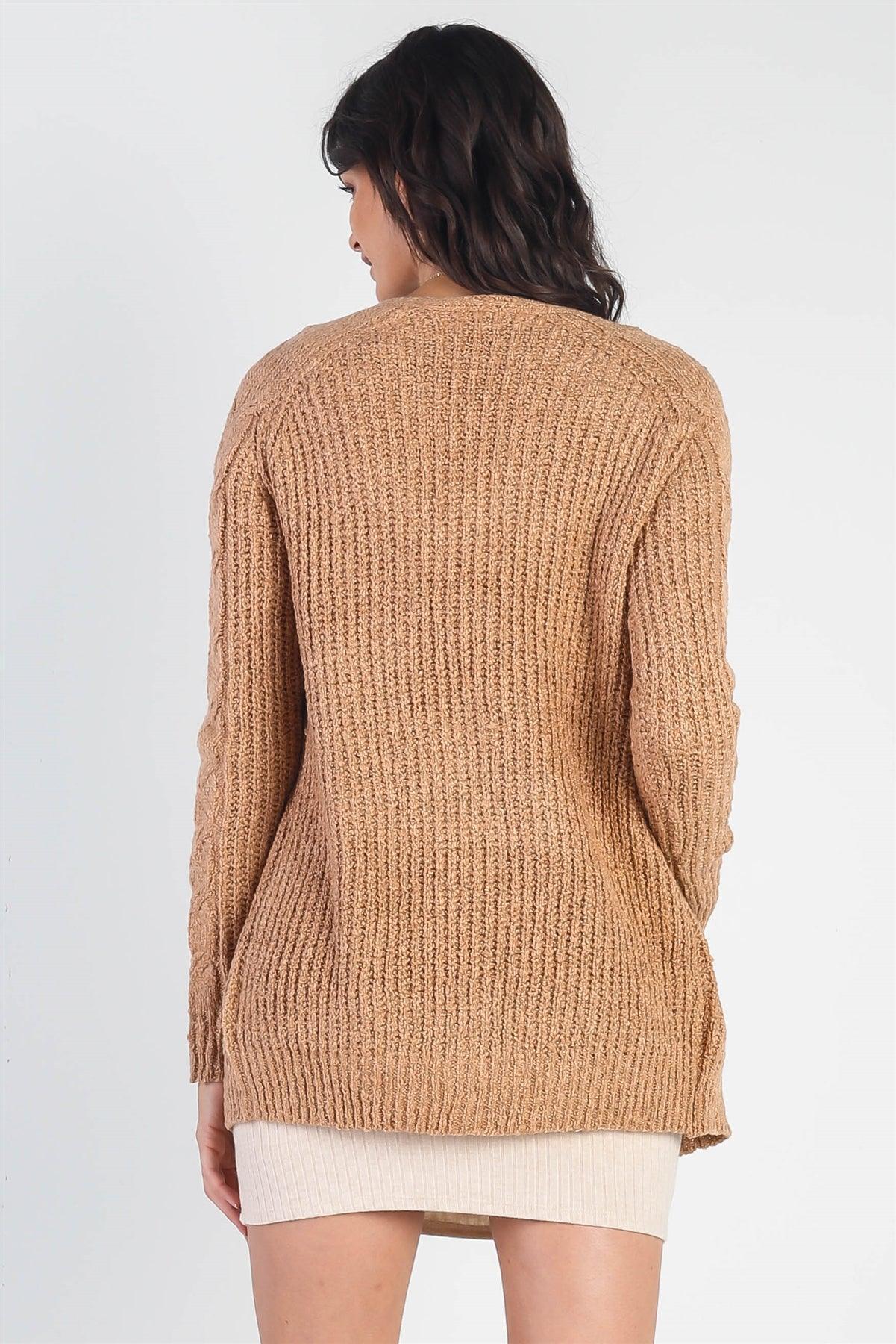 Khaki Open Front Cable-Knit Long Sleeve Cardigan /2-2-2