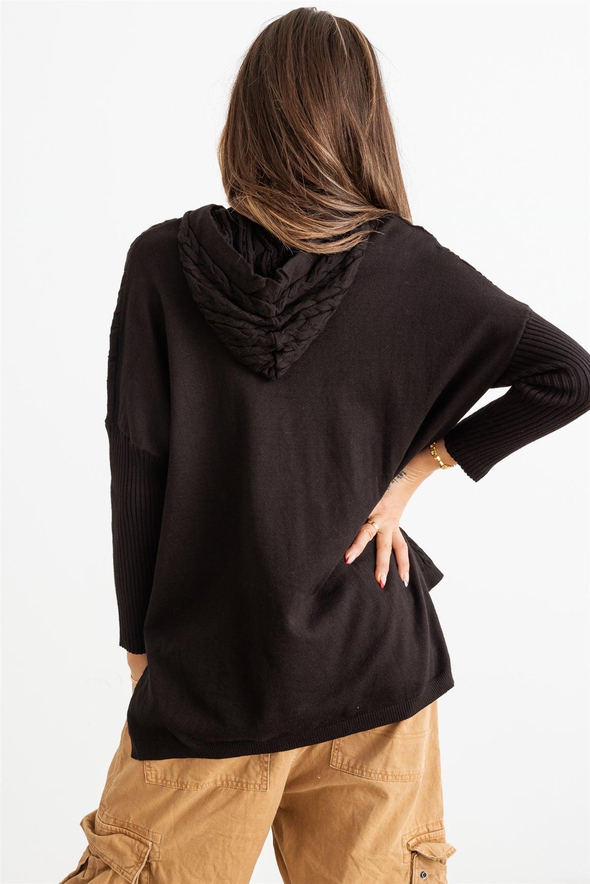 Black Cable Knit Long Sleeve Hooded Sweater /2-2-2