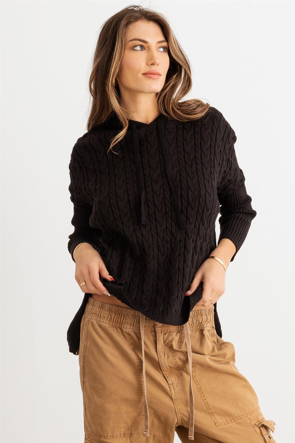 Black Cable Knit Long Sleeve Hooded Sweater /2-2-2