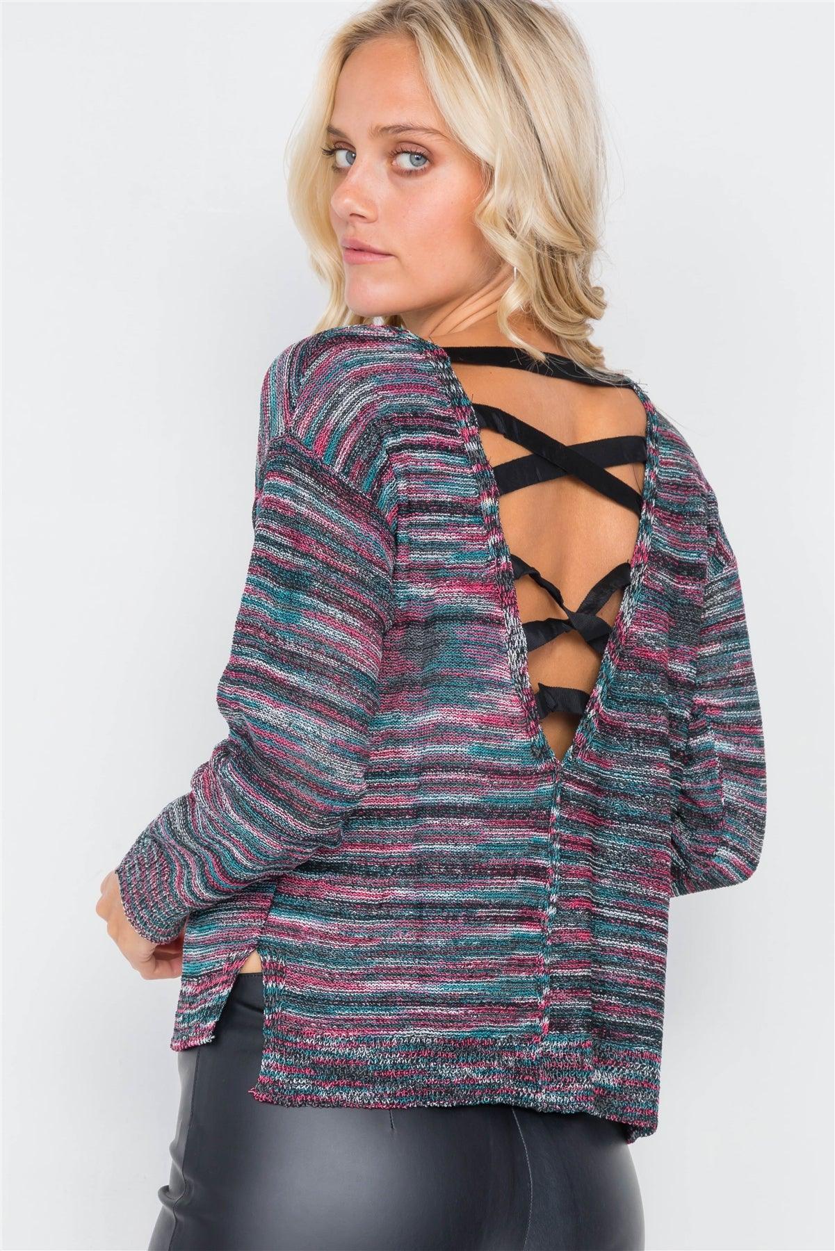 Black Multi Stripe Cotton Criss-Cross Open Back Sweater /2-2-2