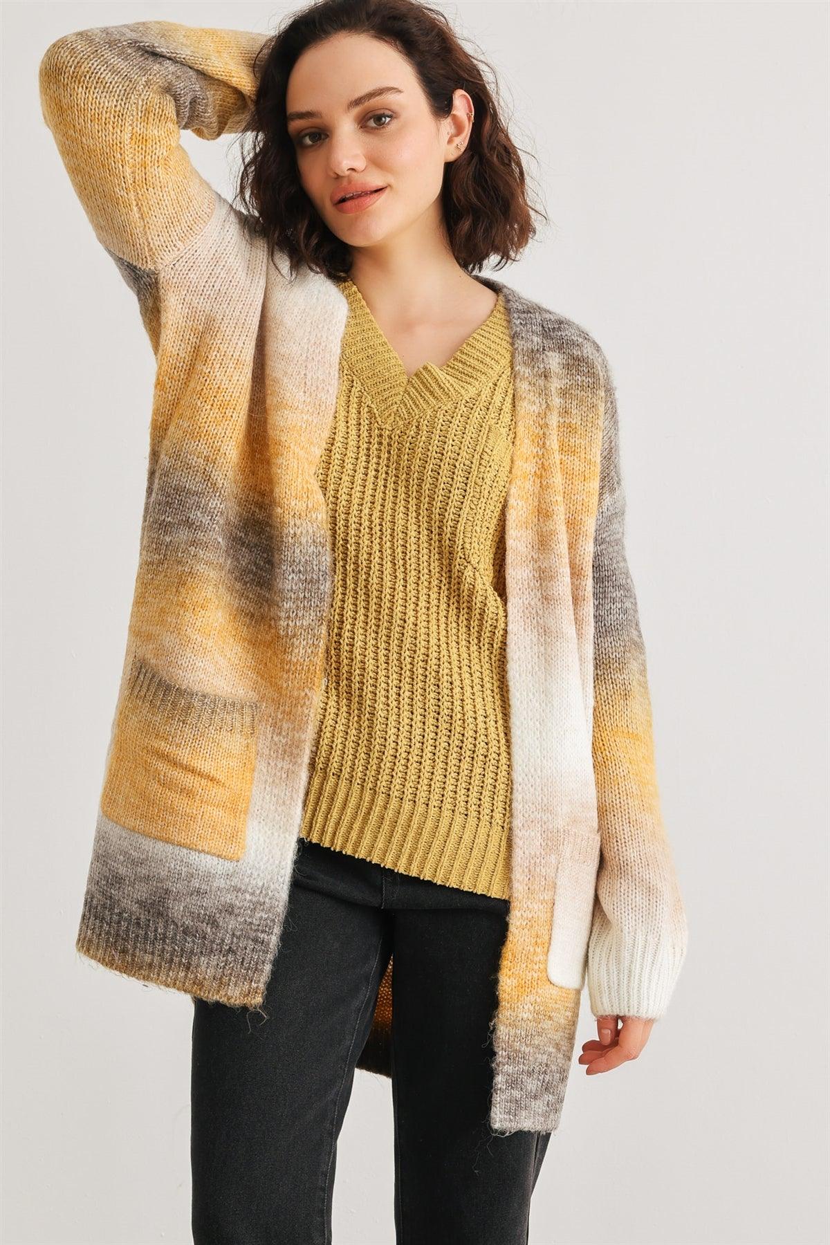 Brown Multi Knit Two Pocket Open Front Cardigan /3-2-2