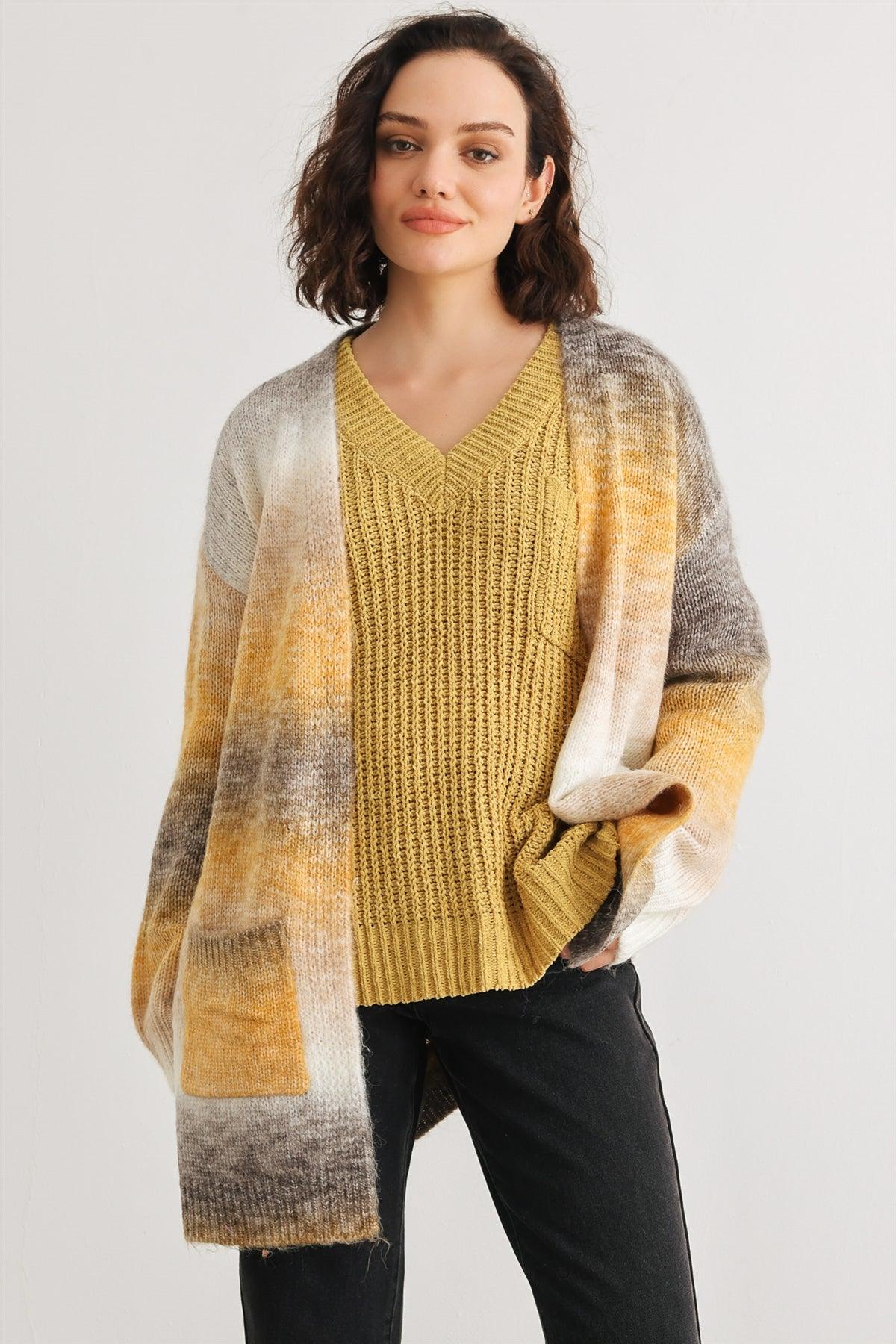 Brown Multi Knit Two Pocket Open Front Cardigan /3-2-2