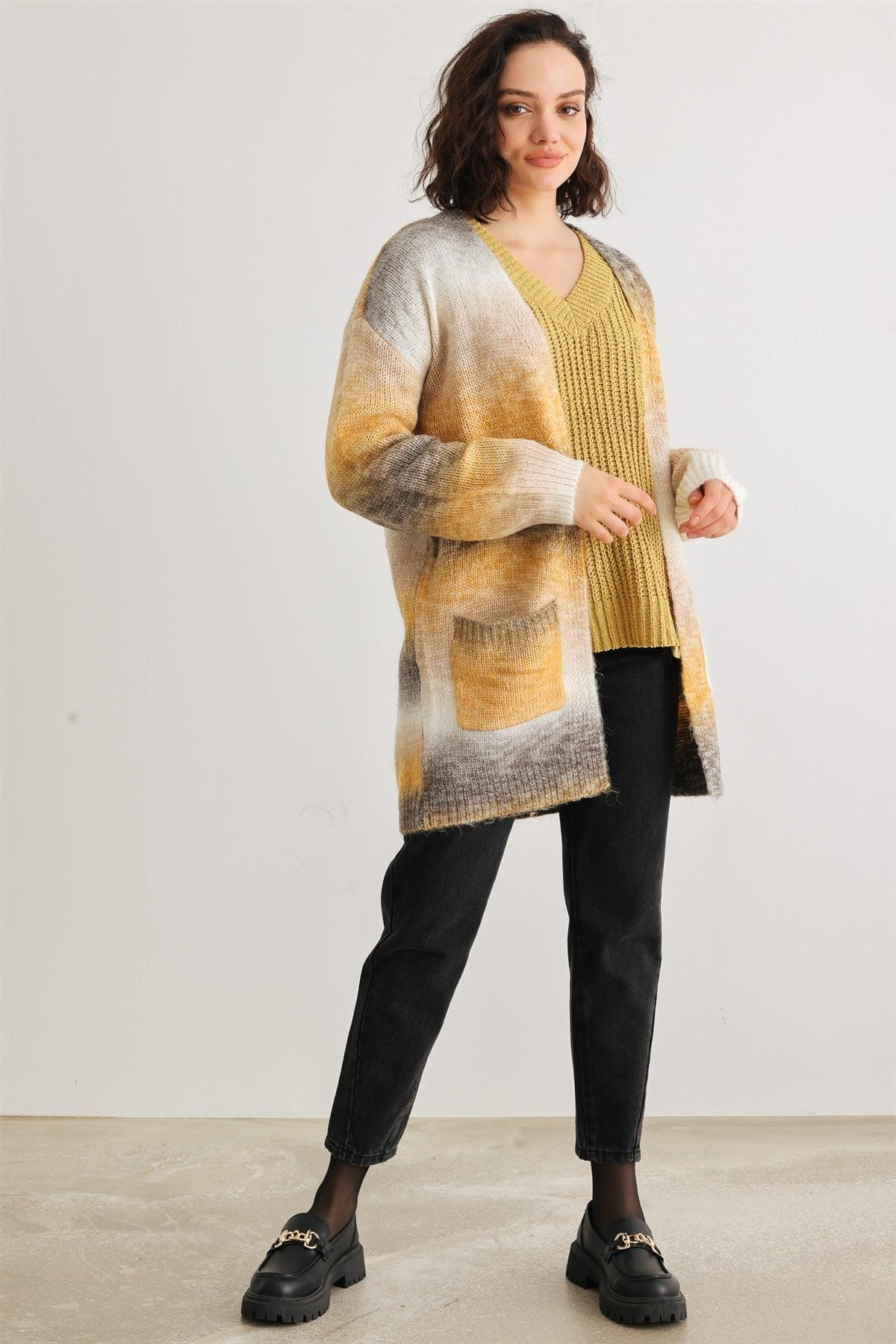 Brown Multi Knit Two Pocket Open Front Cardigan /3-2-2