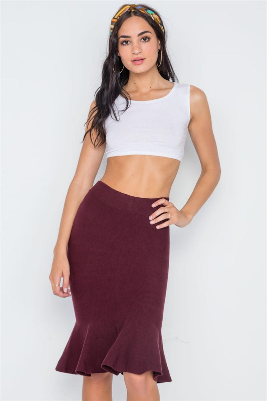 Burgundy Ribbed Knit Midi Skirt /4-2