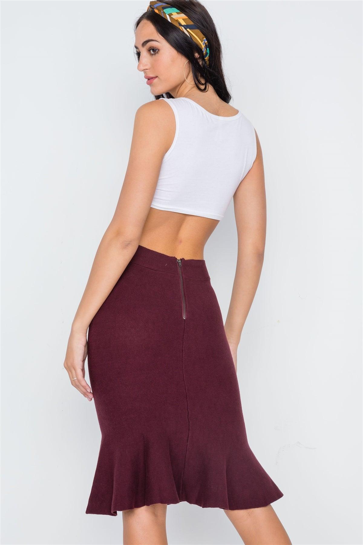 Burgundy Ribbed Knit Midi Skirt /3-3