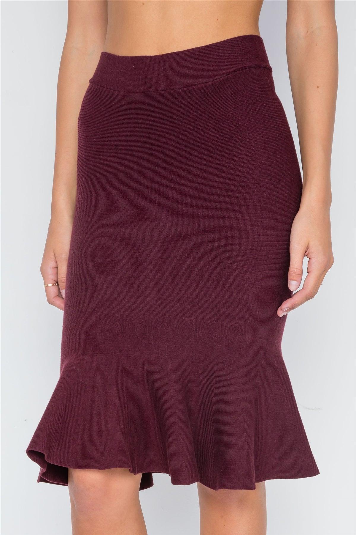 Burgundy Ribbed Knit Midi Skirt /3-3