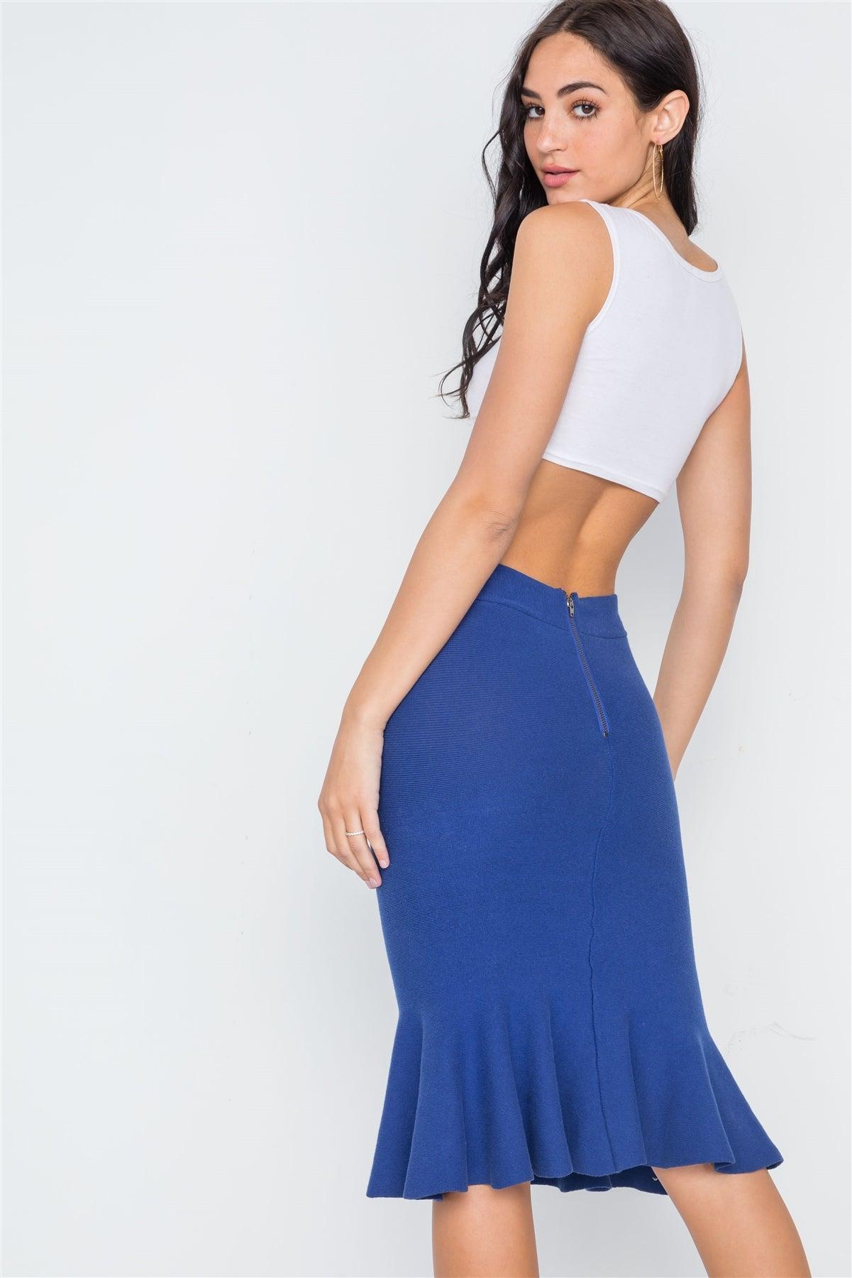 Blue Ribbed Knit Midi Skirt /3-3