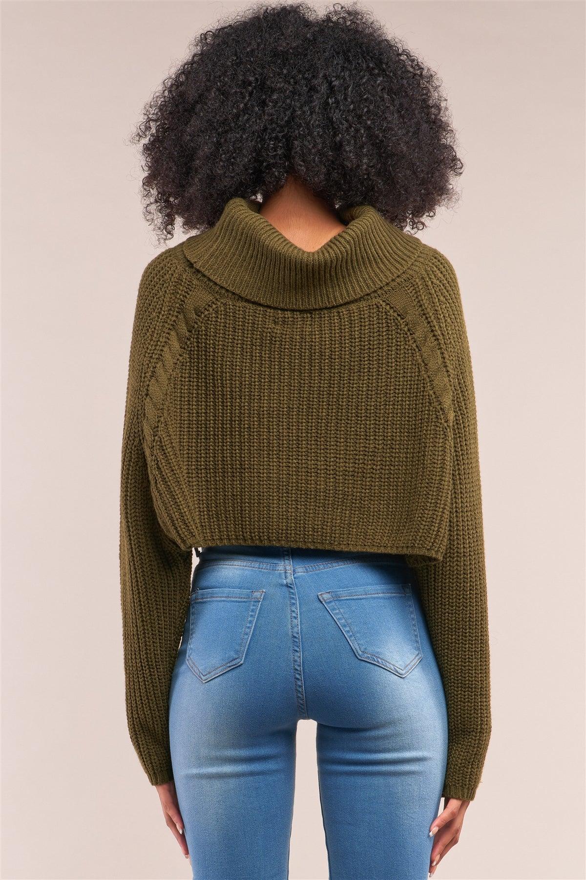 Olive Knit Turtleneck Balloon Sleeve Cropped Sweater /4-2